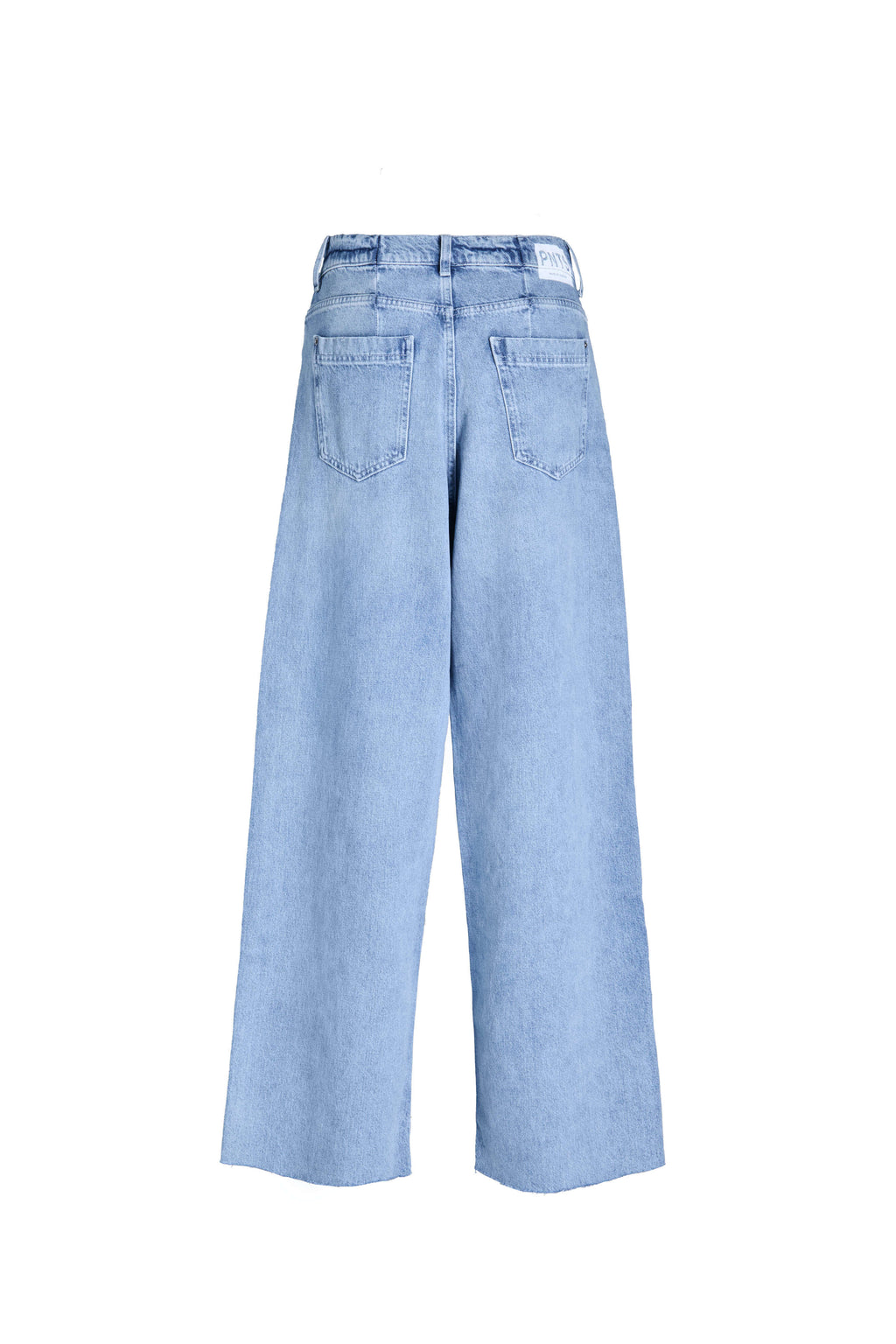 Hellblaue High-Waist-Jeans mit weitem Bein in der Rückansicht, zwei Gesäßtaschen und weißem Logo-Patch am Bund.