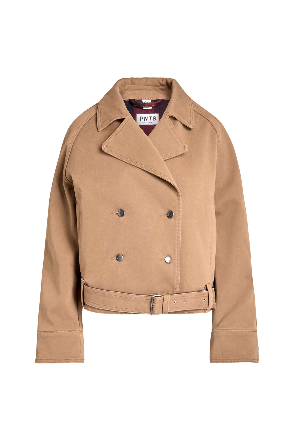 Vorderansicht einer beigen, zweireihigen Jacke mit breitem Revers und Gürtel am Saum.