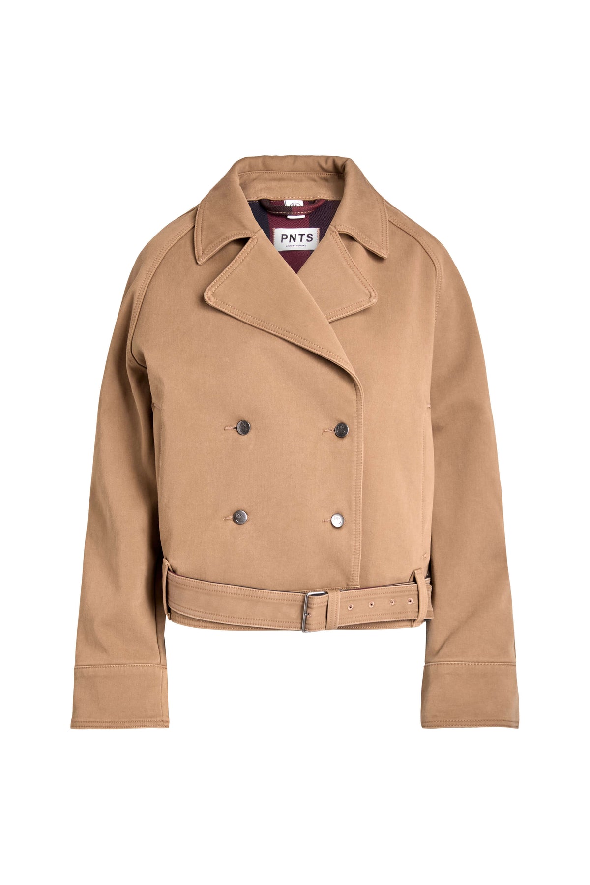 Vorderansicht einer beigen, zweireihigen Jacke mit breitem Revers und Gürtel am Saum.
