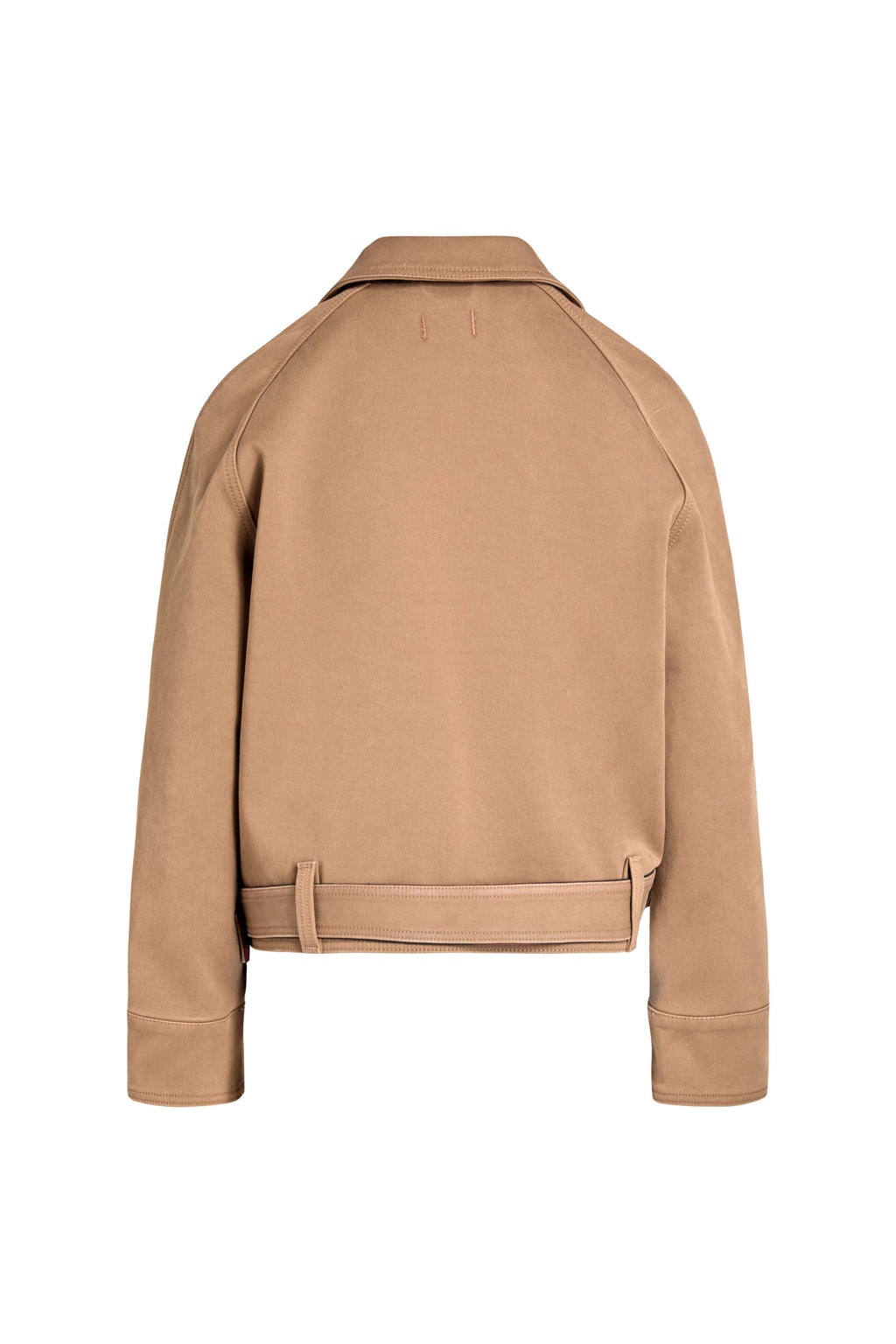 Rückansicht einer beigen Jacke mit Gürteldetail am Saum.