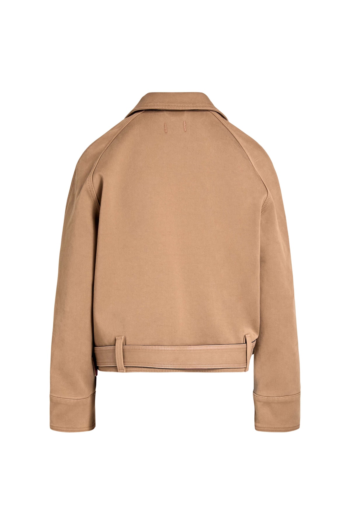 Rückansicht einer beigen Jacke mit Gürteldetail am Saum.