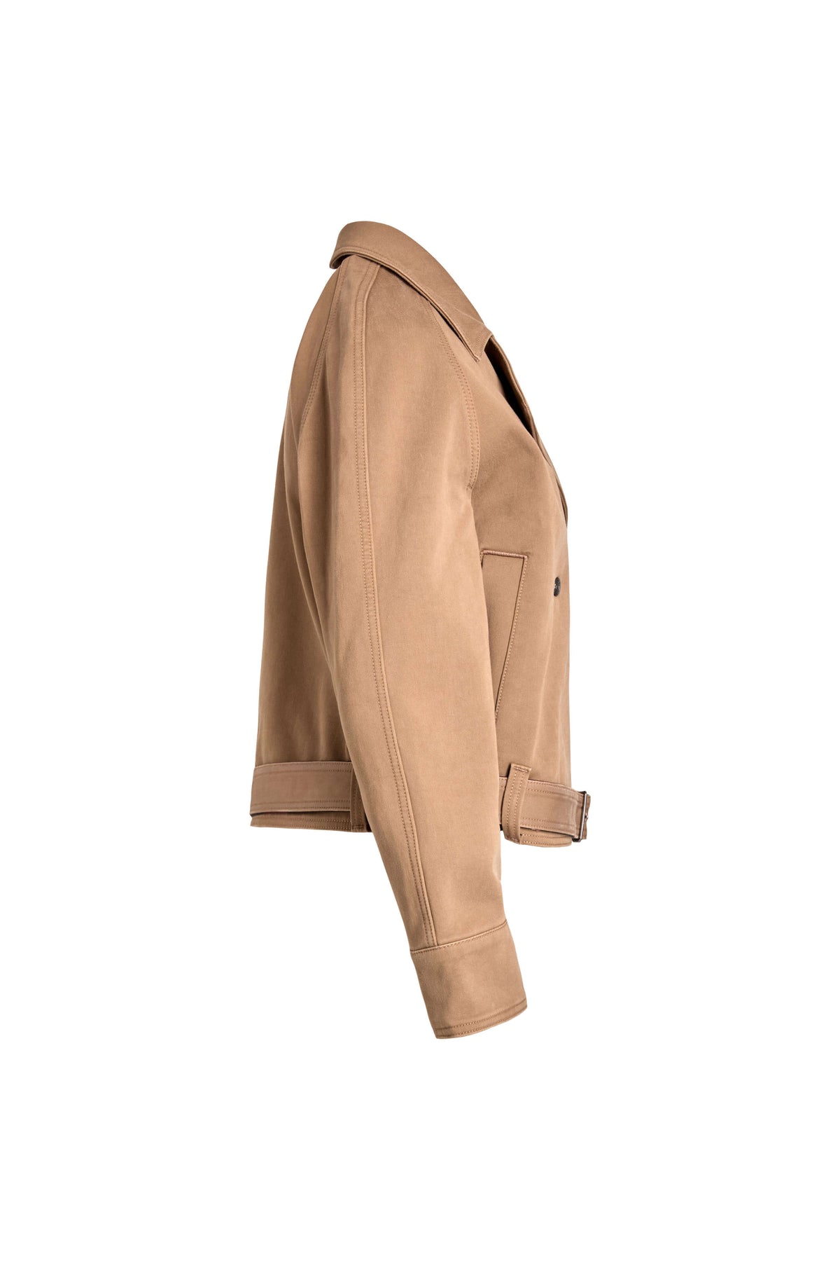 Seitenansicht einer beigen Jacke mit Gürteldetail am Saum.