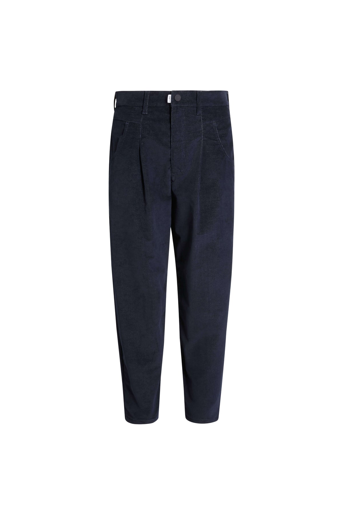 Vorderansicht einer dunkelblauen Cordhose mit Bundfalten.