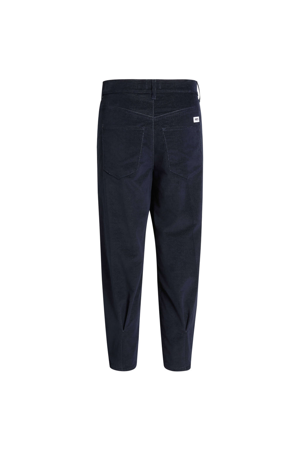 Rückansicht einer dunkelblauen Cordhose mit zwei aufgesetzten Taschen und Falten am Beinsaum.
