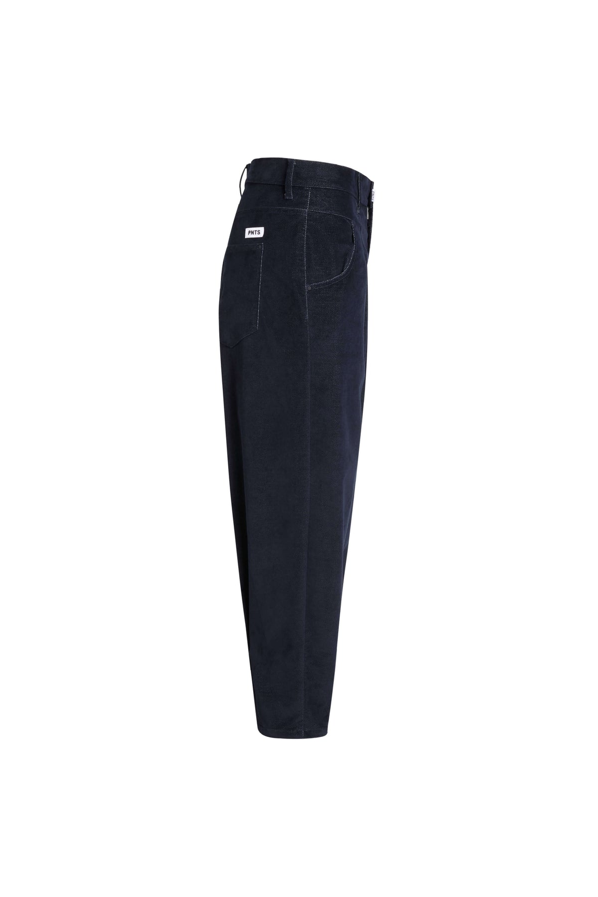 Seitenansicht einer dunkelblauen Cordhose mit seitlicher Eingrifftasche.