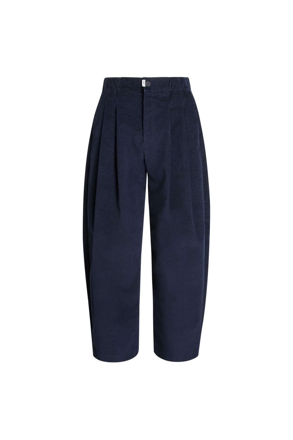 Vorderansicht einer dunkelblauen Hose mit Bundfalten.
