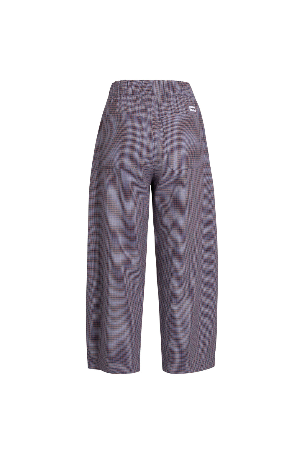 Rückansicht einer fein karierten Hose mit elastischem Bund und weißem Label-Patch.