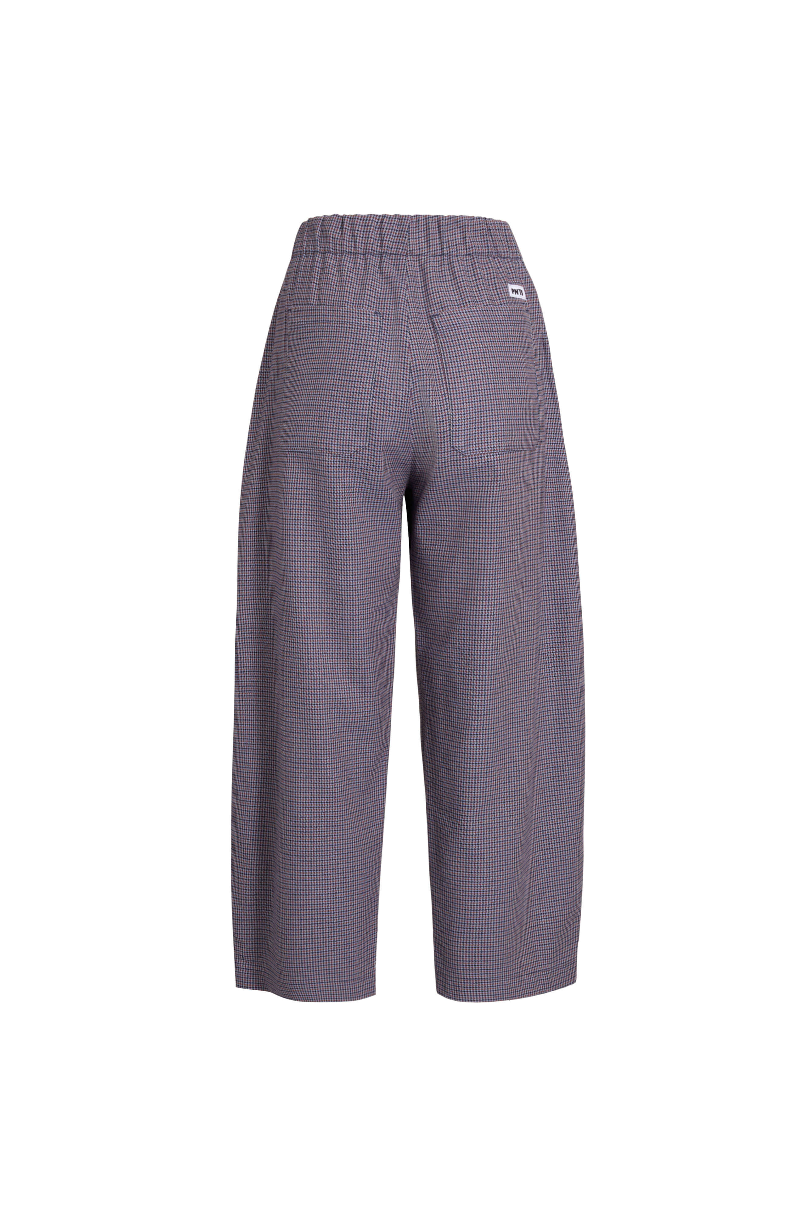 Rückansicht einer fein karierten Hose mit elastischem Bund und weißem Label-Patch.