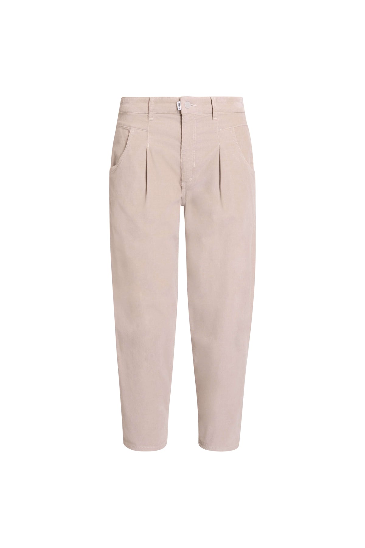 Vorderansicht einer beigen Cordhose mit Bundfalten.