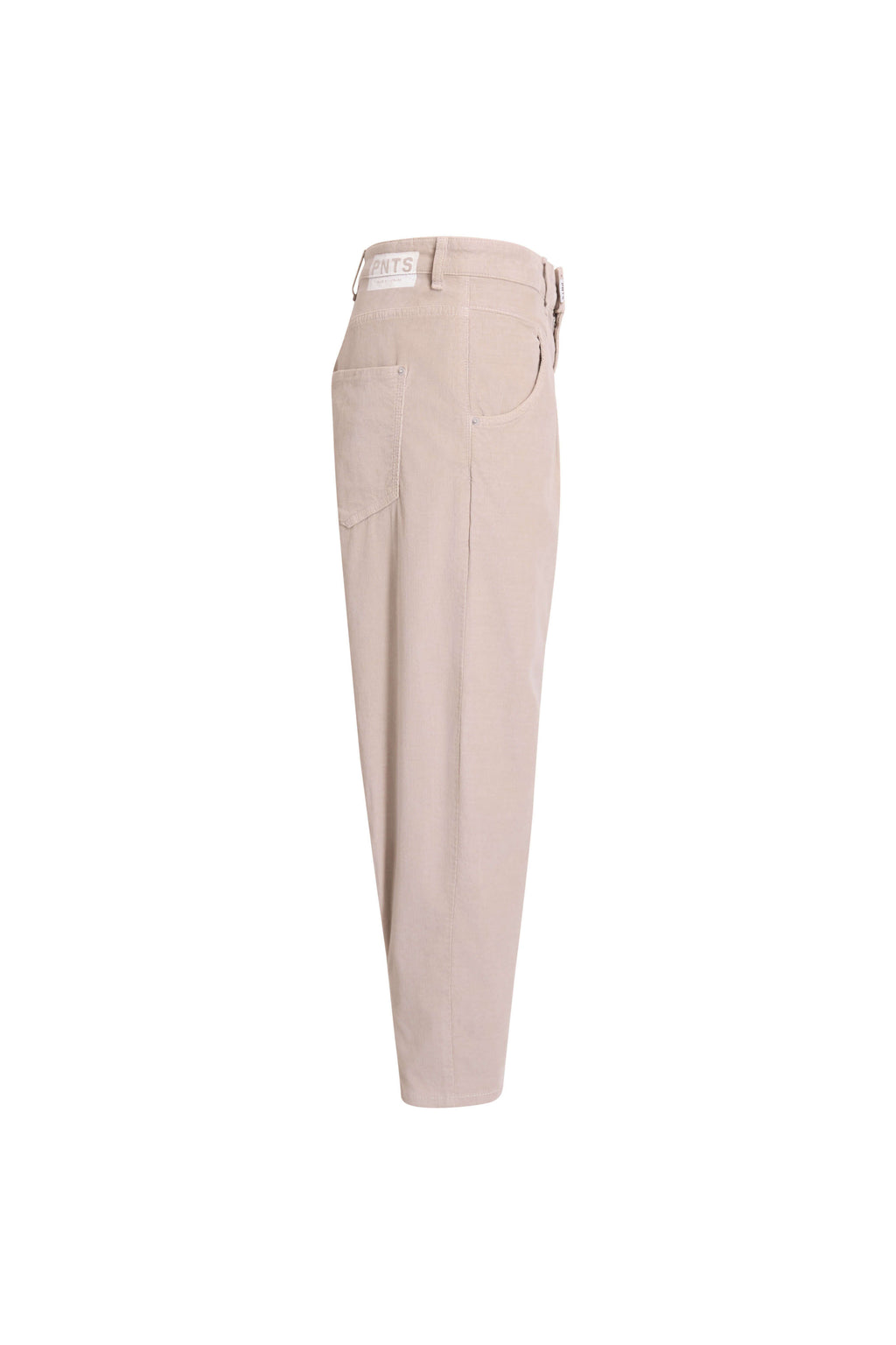 Seitenansicht einer beigen Cordhose mit seitlicher Eingrifftasche.