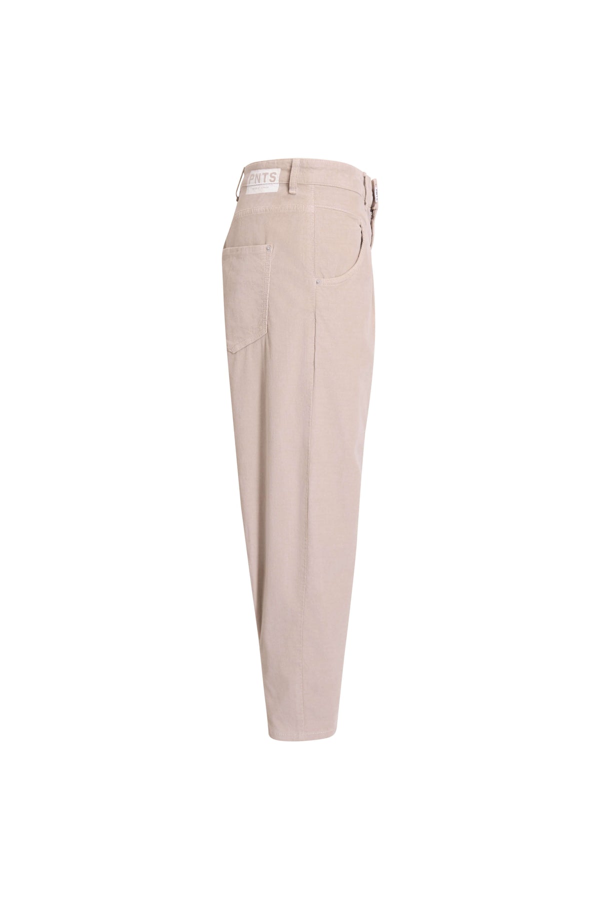 Seitenansicht einer beigen Cordhose mit seitlicher Eingrifftasche.