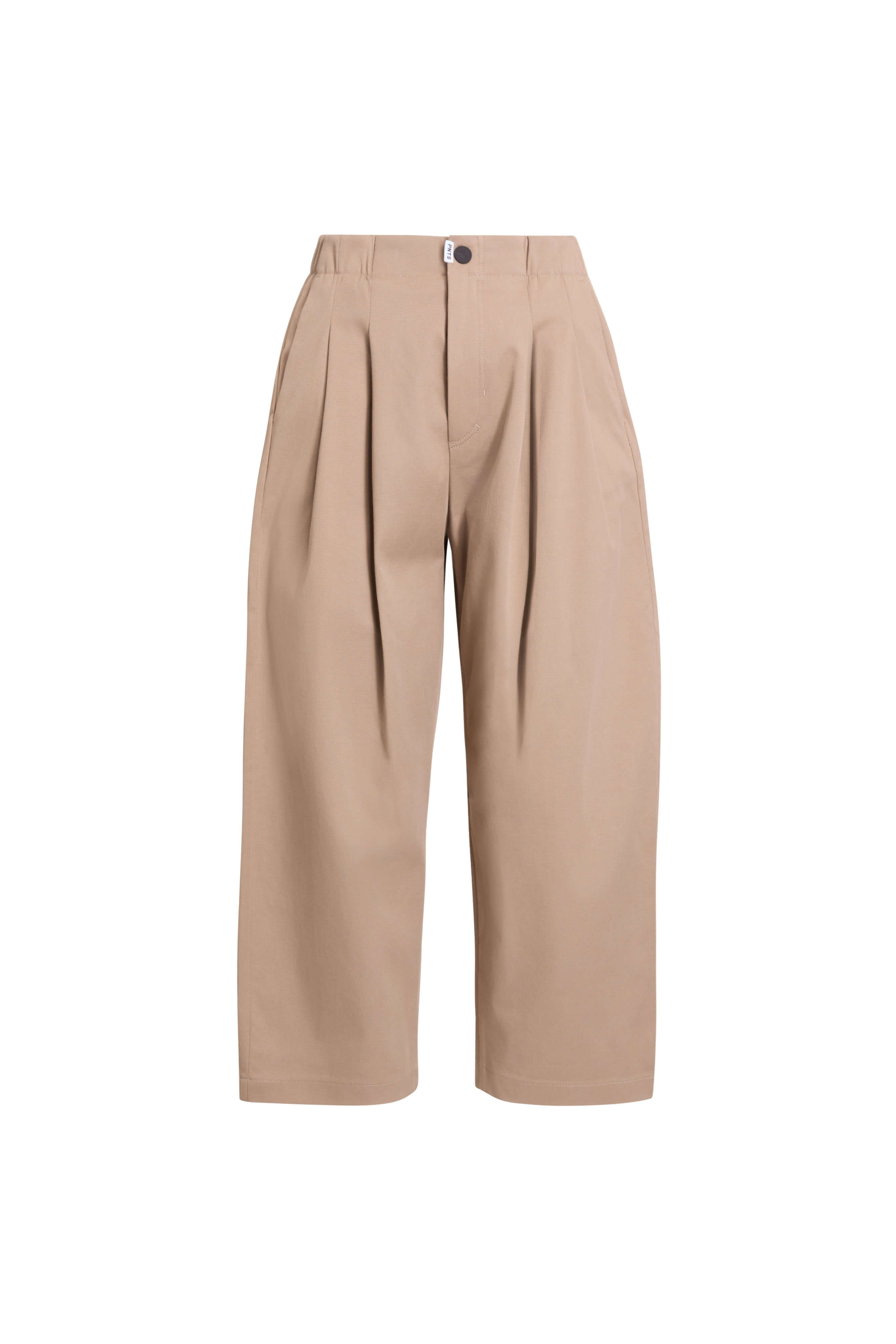 Vorderansicht einer beigen Hose mit Bundfalten.