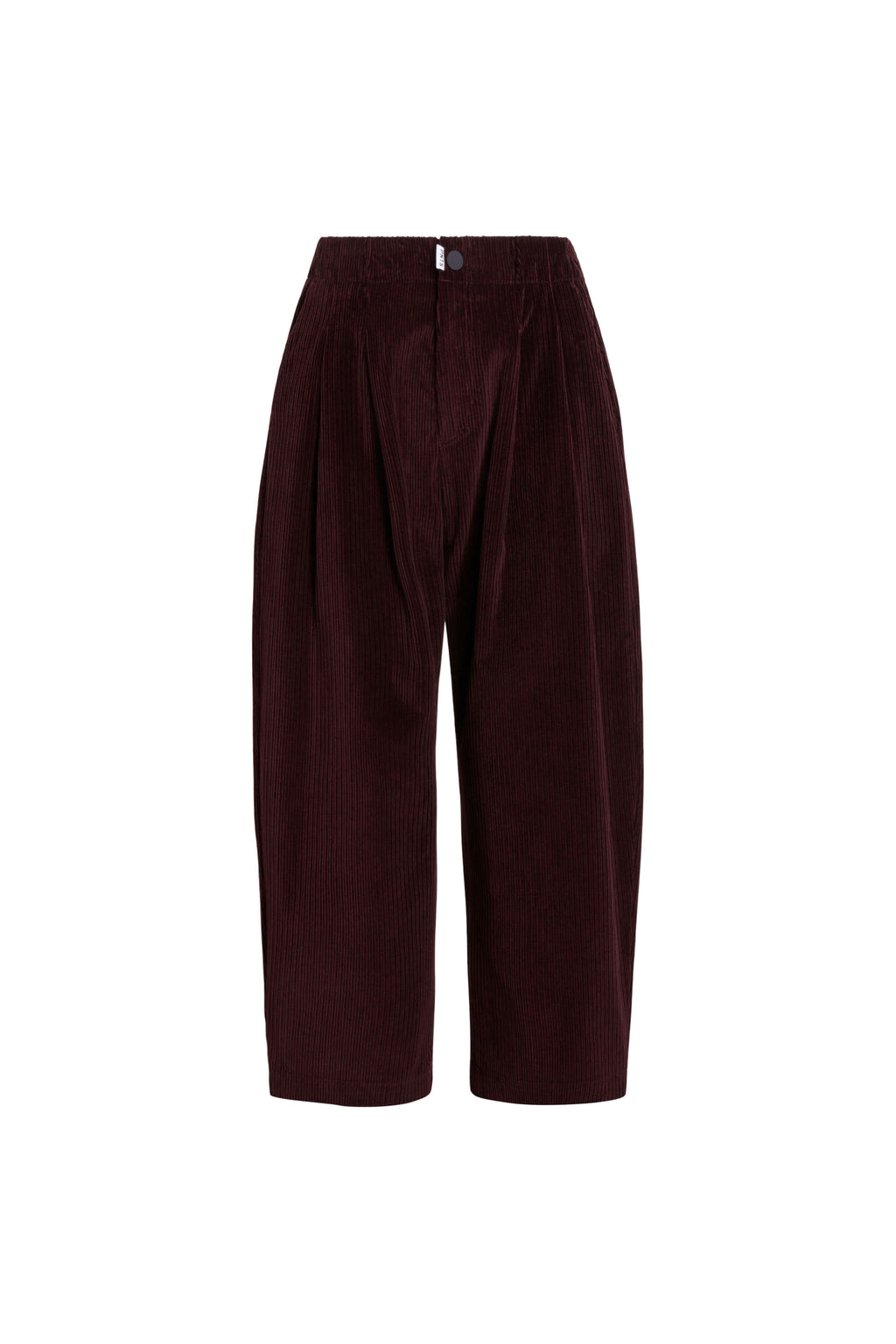 Vorderansicht einer dunkelroten Cordhose mit Bundfalten.
