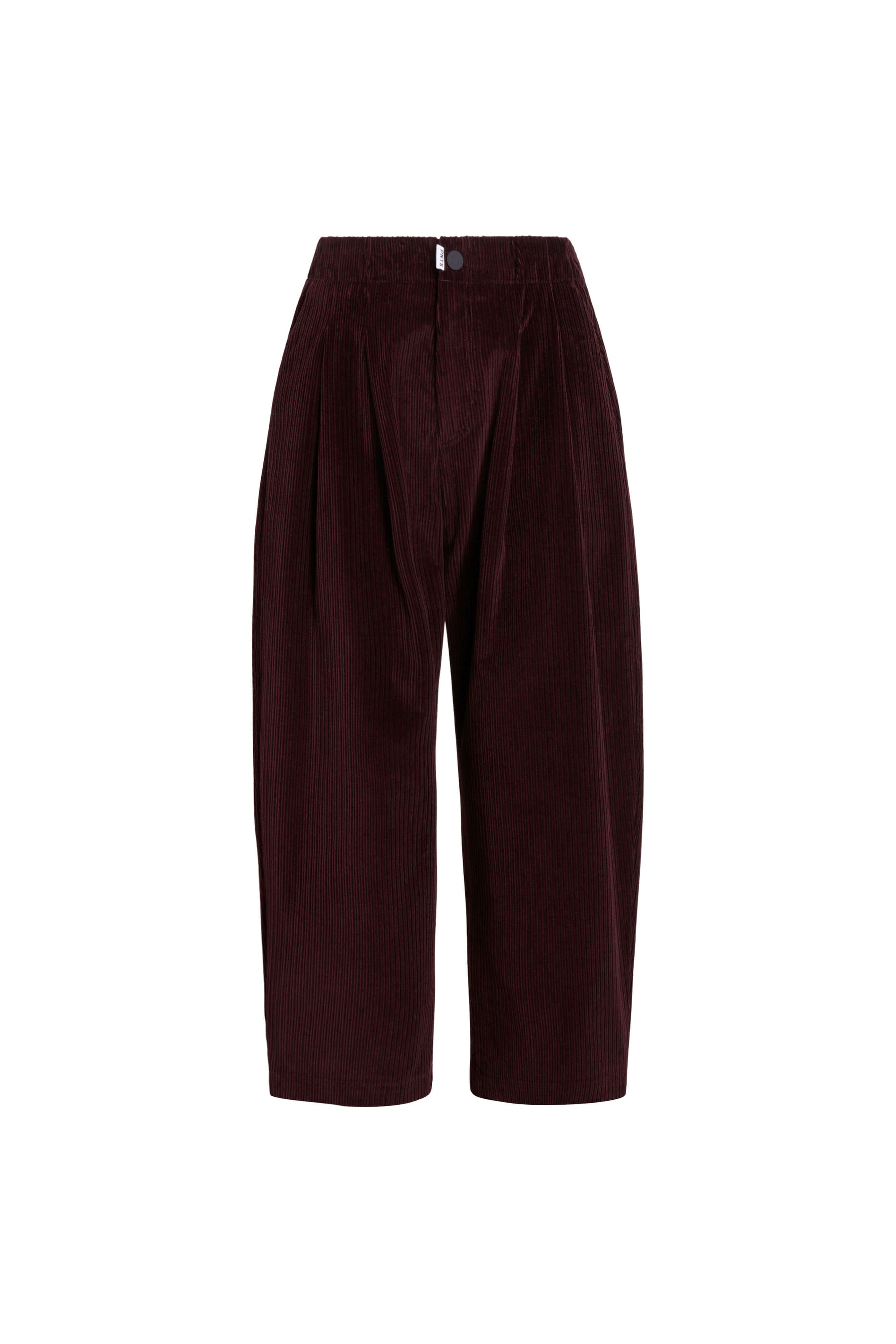Vorderansicht einer dunkelroten Cordhose mit Bundfalten.