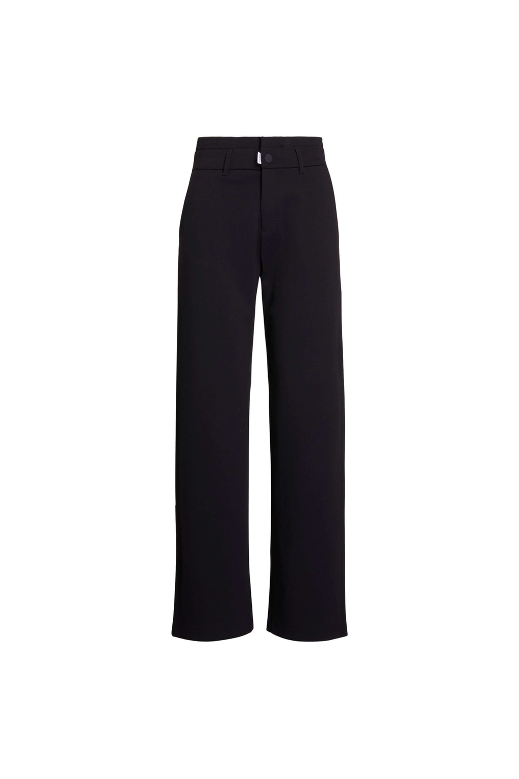 Vorderansicht einer schwarzen Hose mit weitem Bein.