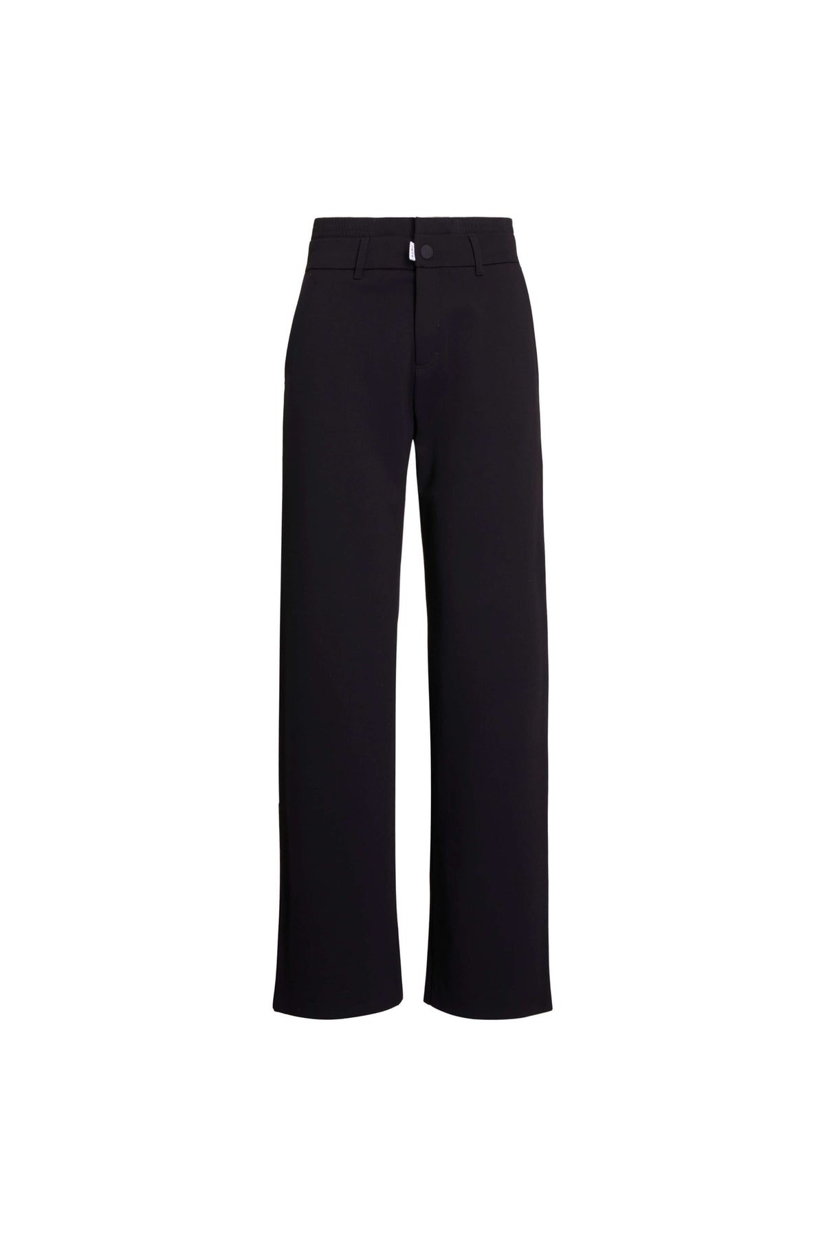 Vorderansicht einer schwarzen Hose mit weitem Bein.