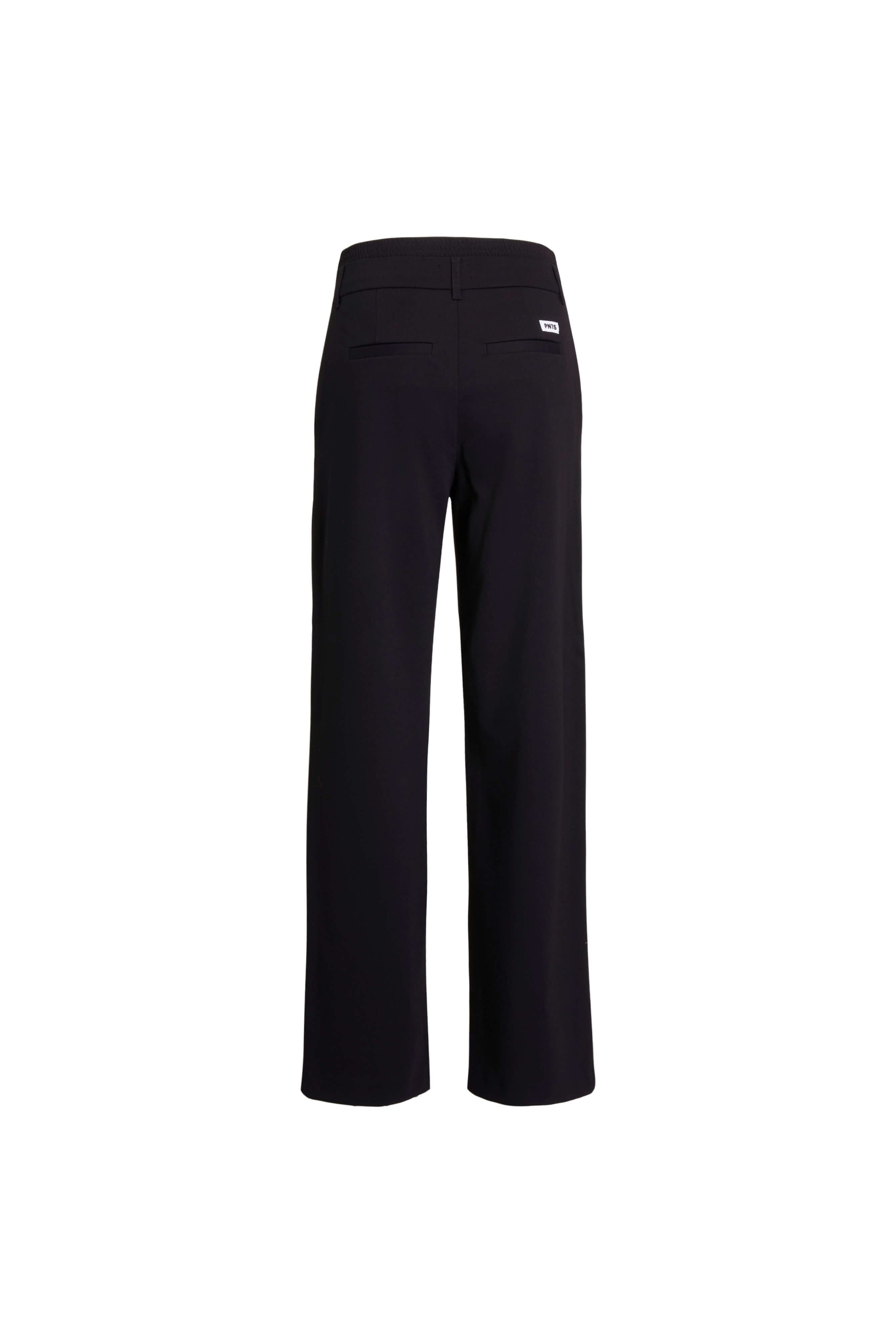 Rückansicht einer schwarzen Hose mit weitem Bein und zwei Paspeltaschen.