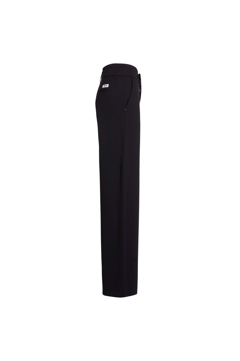 Seitenansicht einer schwarzen Hose mit weitem Bein und seitlicher Eingrifftasche.