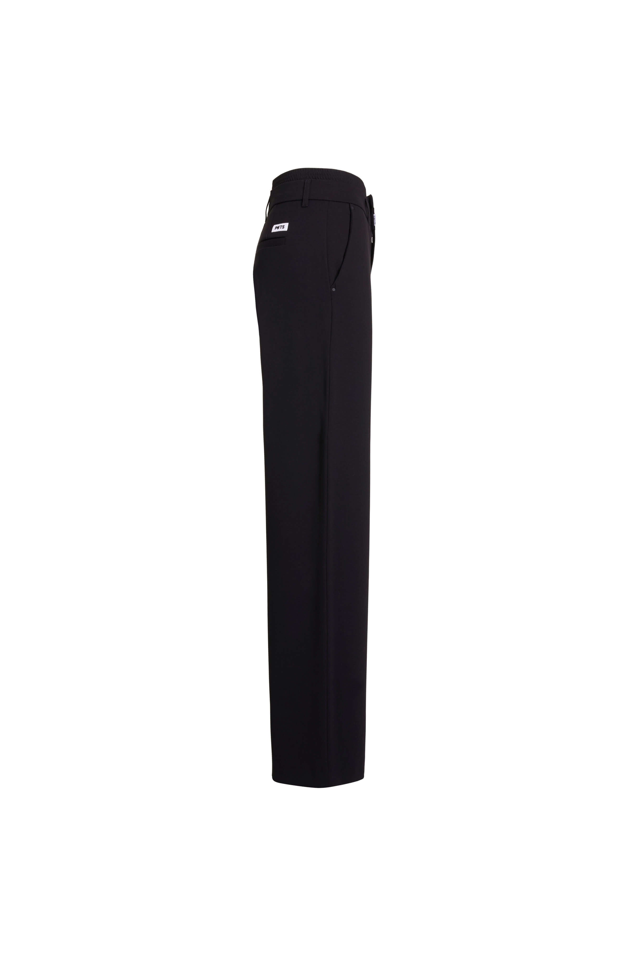 Seitenansicht einer schwarzen Hose mit weitem Bein und seitlicher Eingrifftasche.
