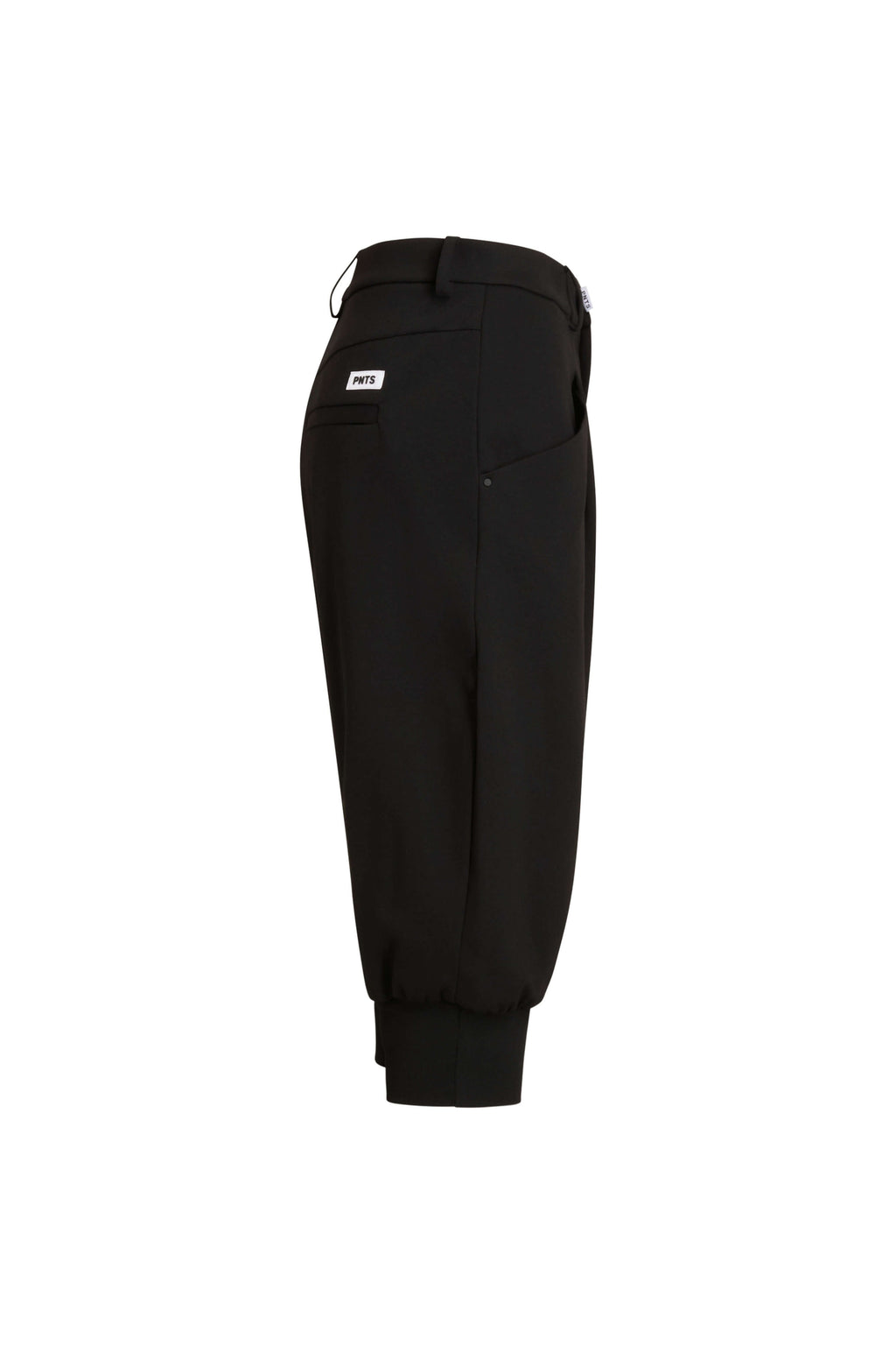 Schwarze Hose mit Bündchen, Seitenansicht.