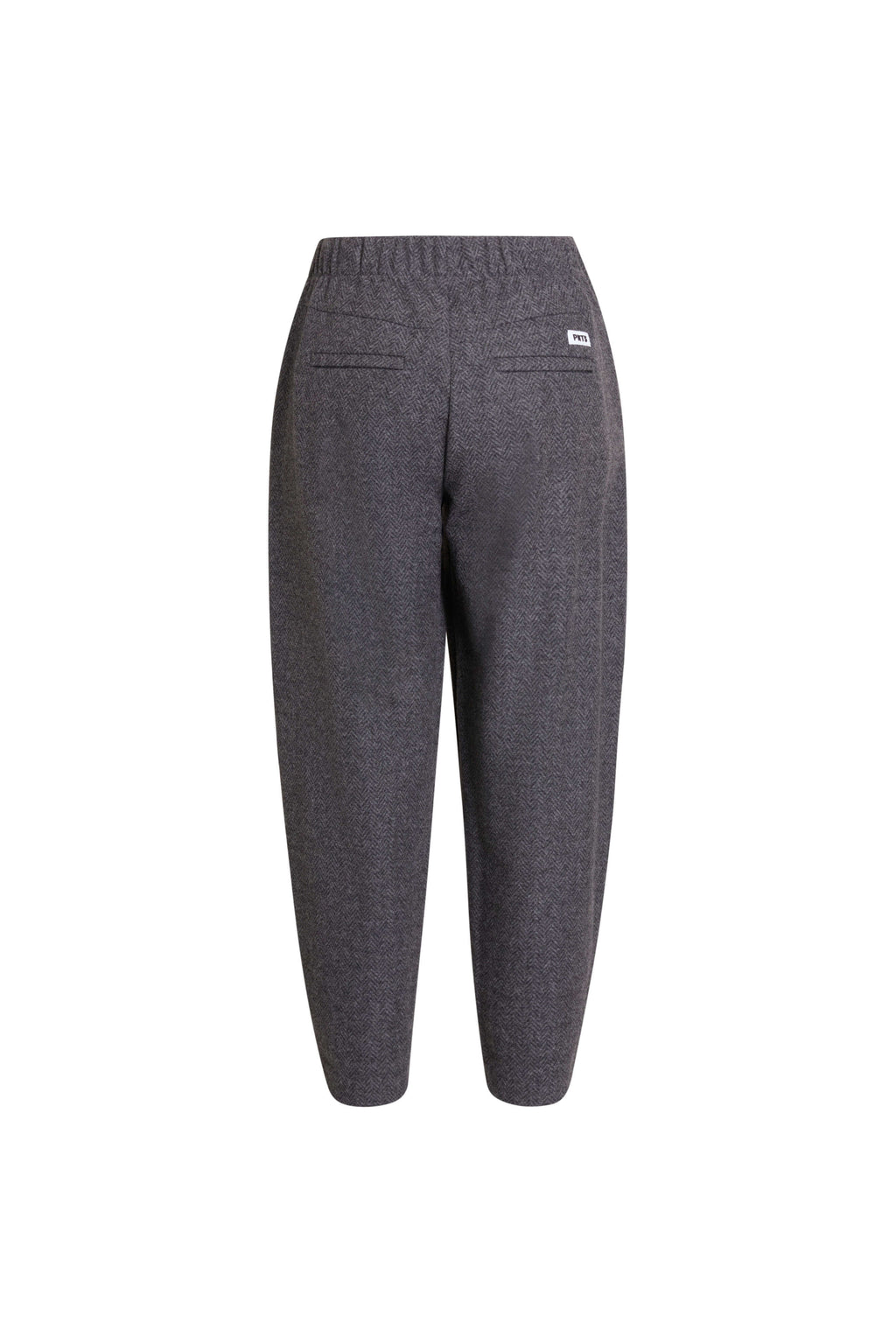 Rückansicht einer dunkelgrauen melierten Hose mit Paspeltaschen, elastischem Bund und weißem Label-Patch.