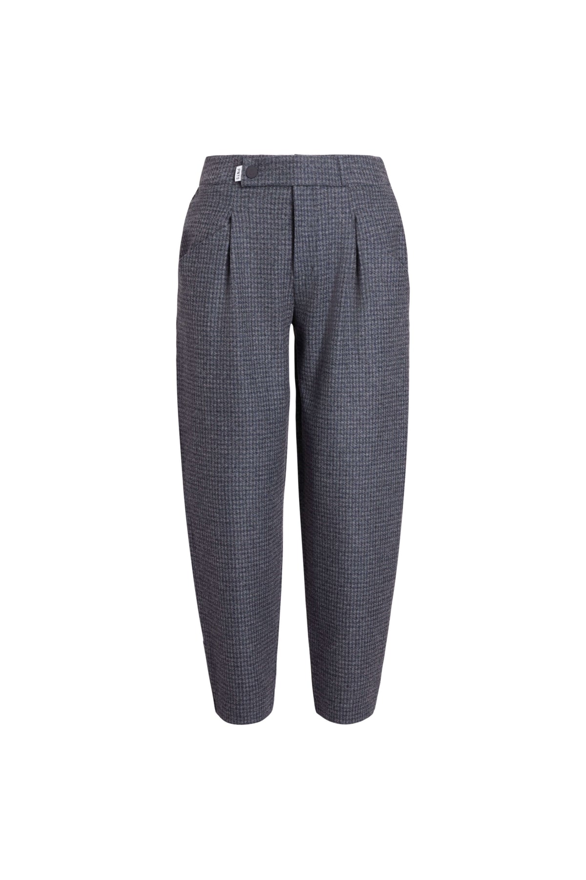 Vorderansicht einer dunkelblau gemusterten Hose mit Bundfalten.