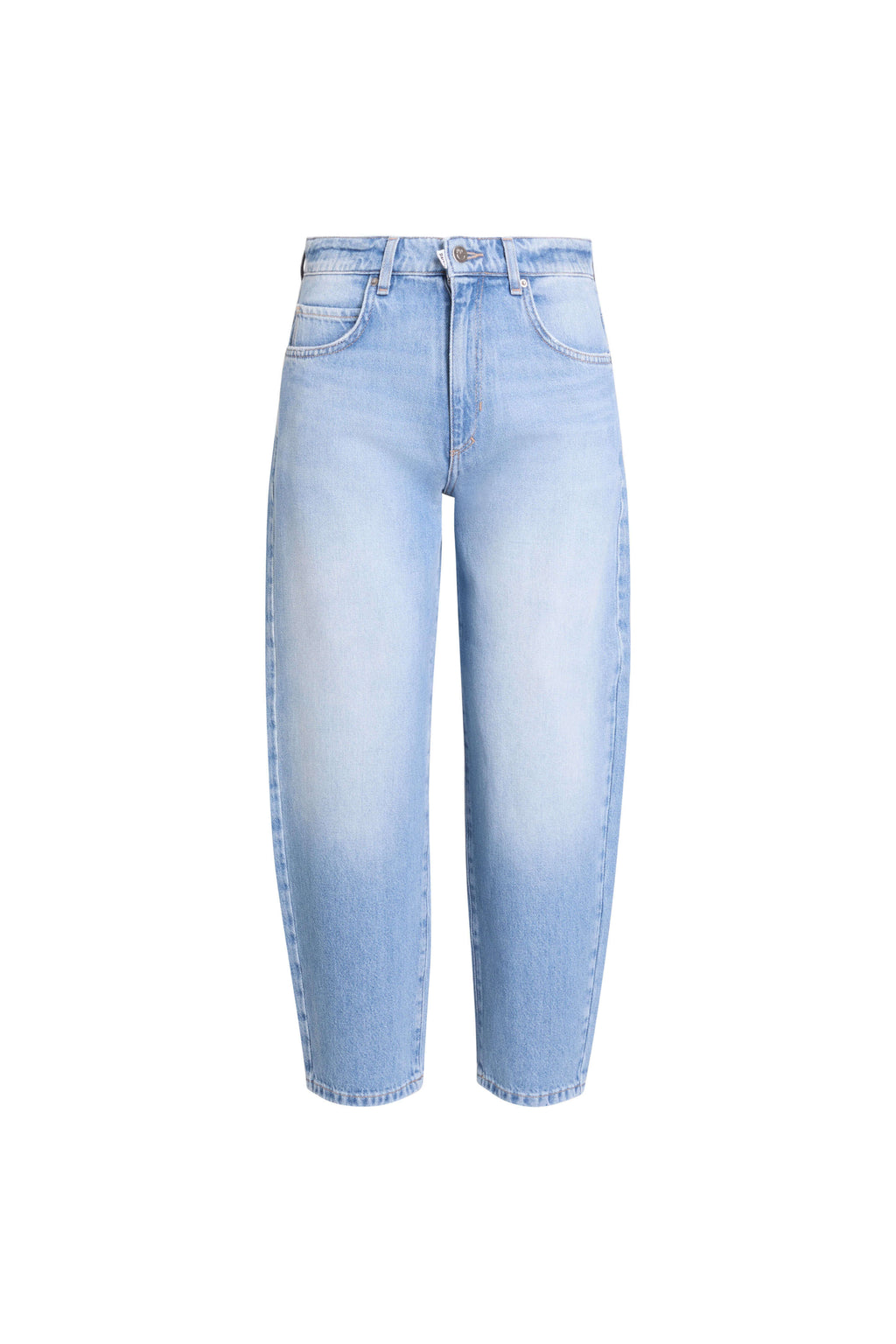 Vorderansicht einer weit geschnittenen Jeans in hellblauer Waschung.