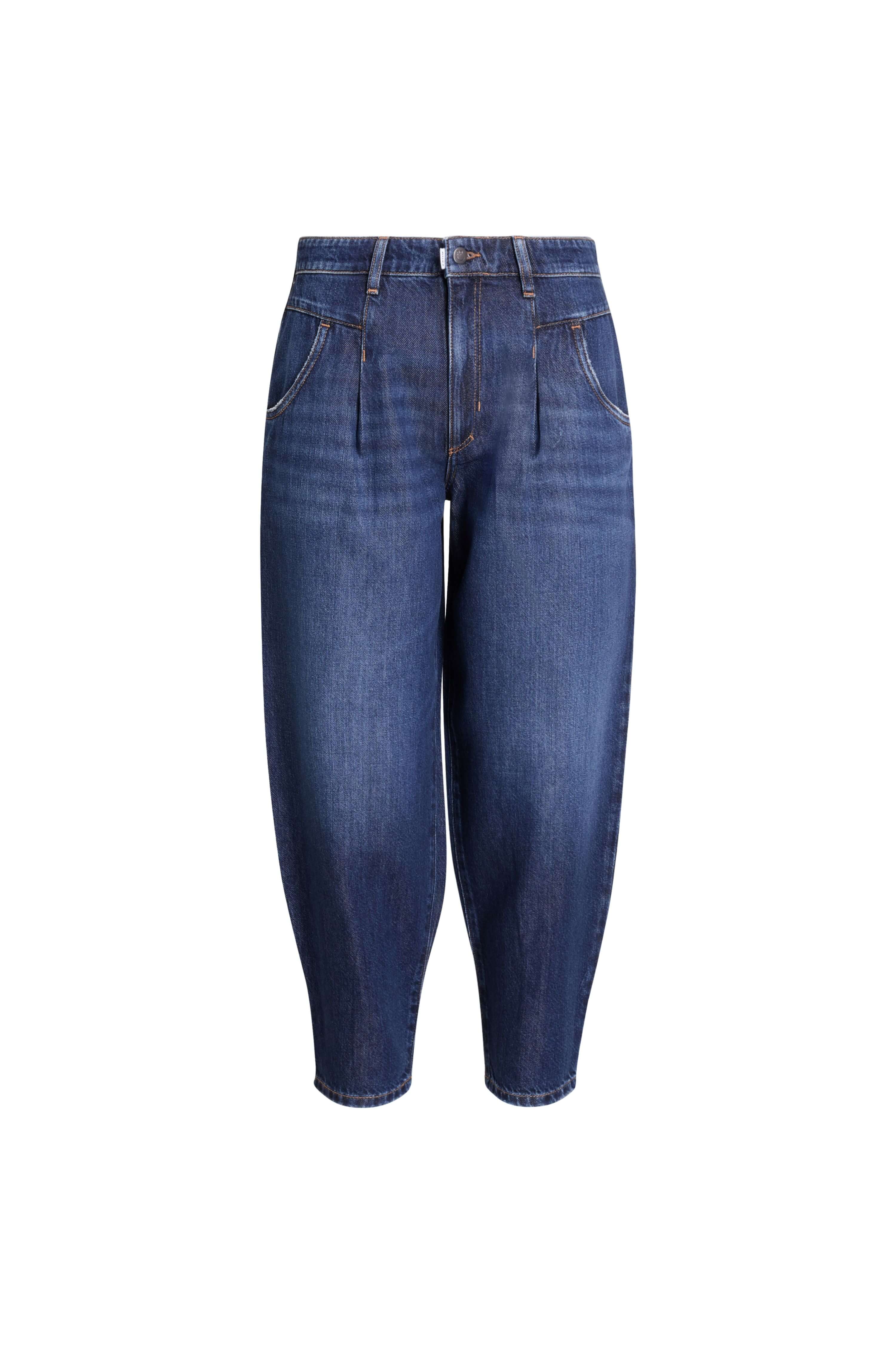 Dunkelblaue Balloon-Fit Jeans in der Frontansicht mit markanten Bundfalten und seitlichen Eingrifftaschen.