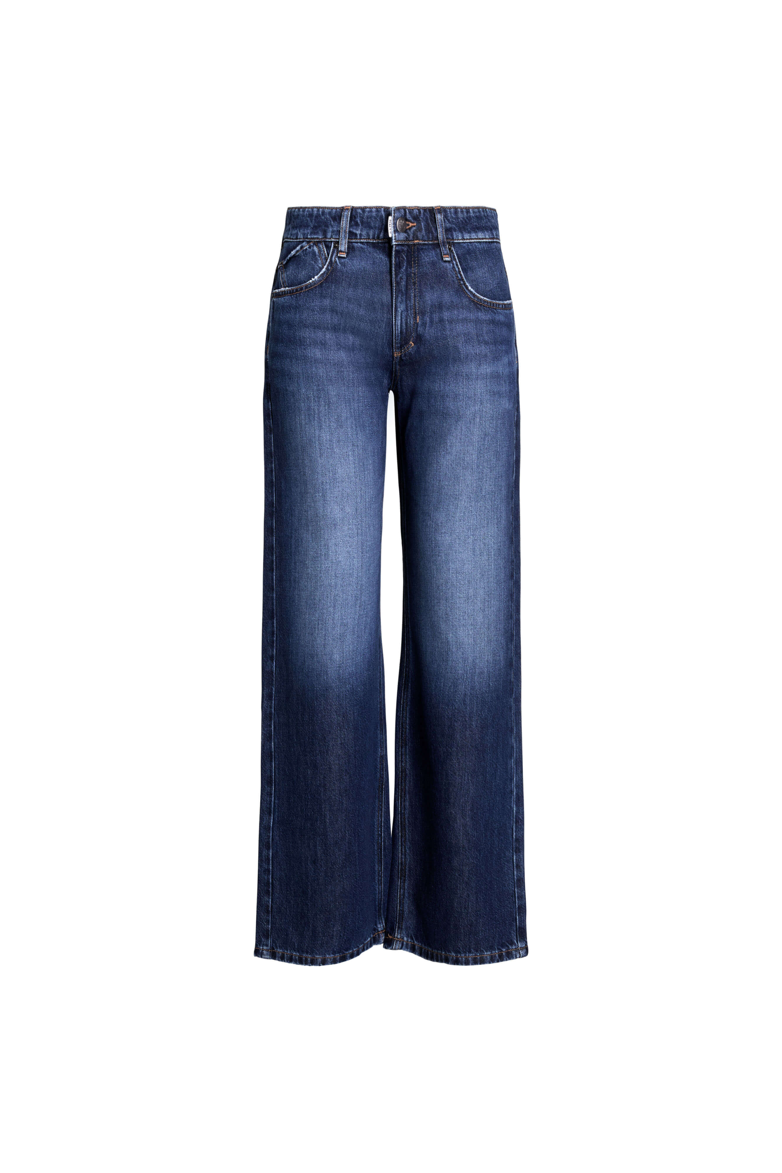 Vorderansicht einer weit geschnittenen Jeans in dunkelblauer Waschung.