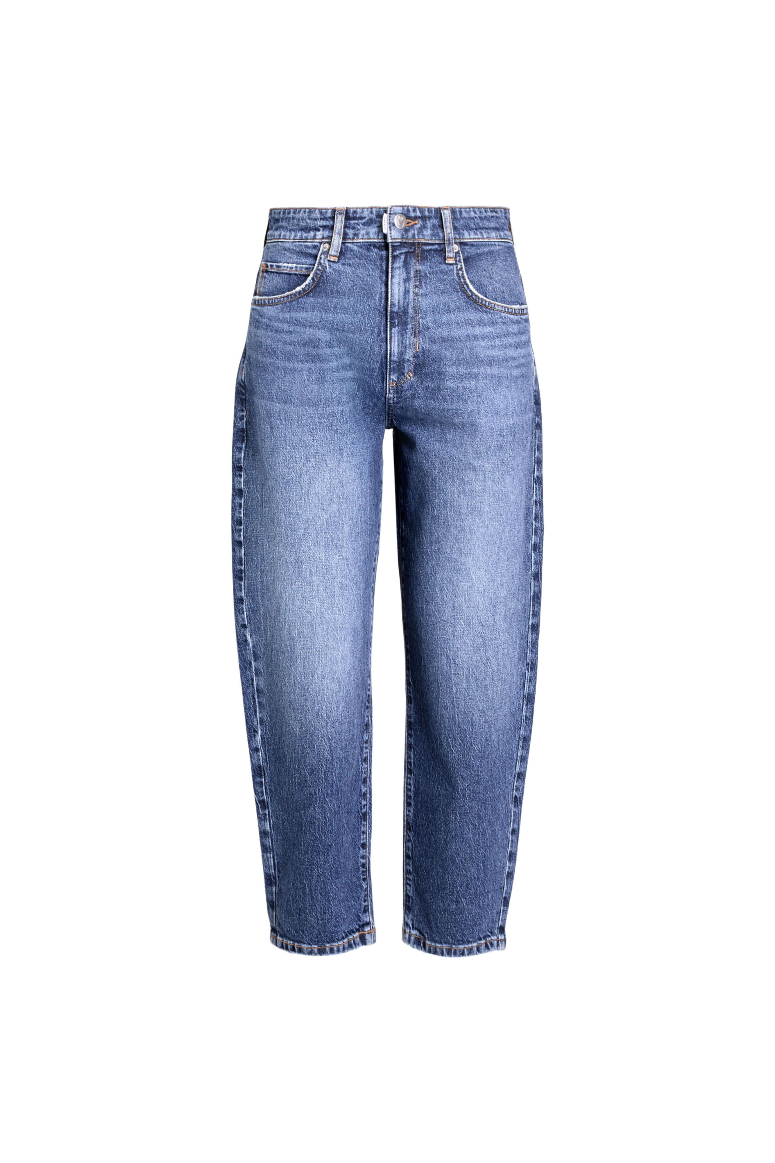 Vorderansicht einer weit geschnittenen Jeans in mittelblauer Waschung.