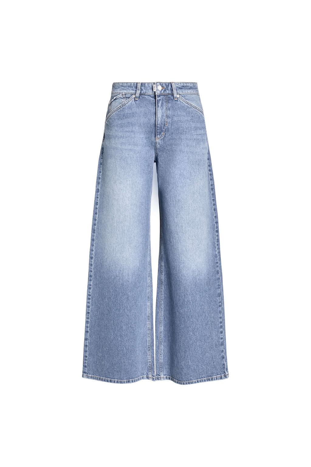 Vorderansicht einer weit geschnittenen Jeans in mittelblauer Waschung.