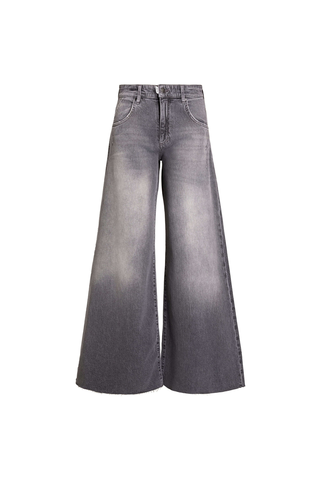 Vorderansicht einer extrem weit geschnittenen Jeans in grauer Waschung.