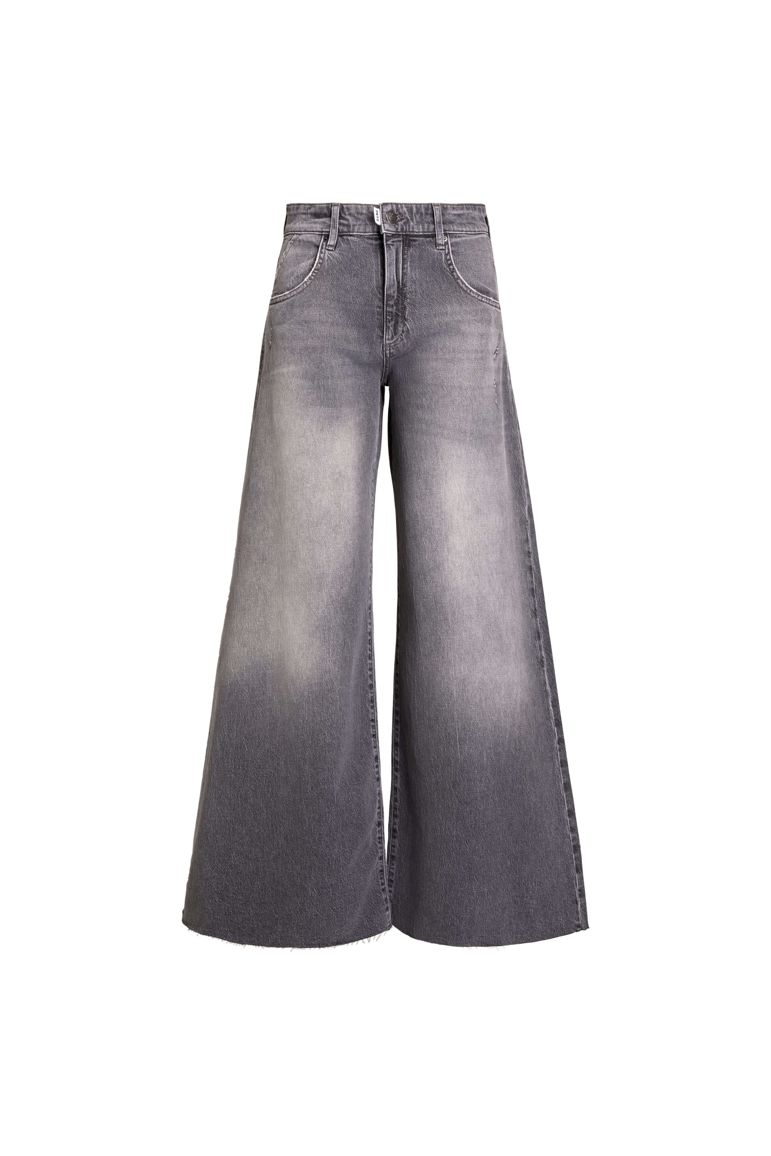 Vorderansicht einer extrem weit geschnittenen Jeans in grauer Waschung.
