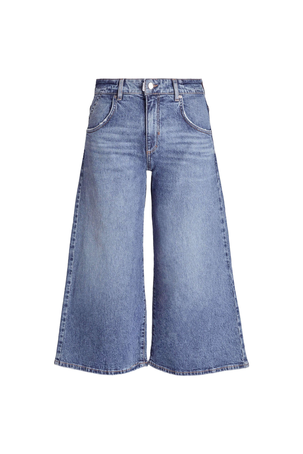 Vorderansicht einer blauen Jeans mit weitem Bein.