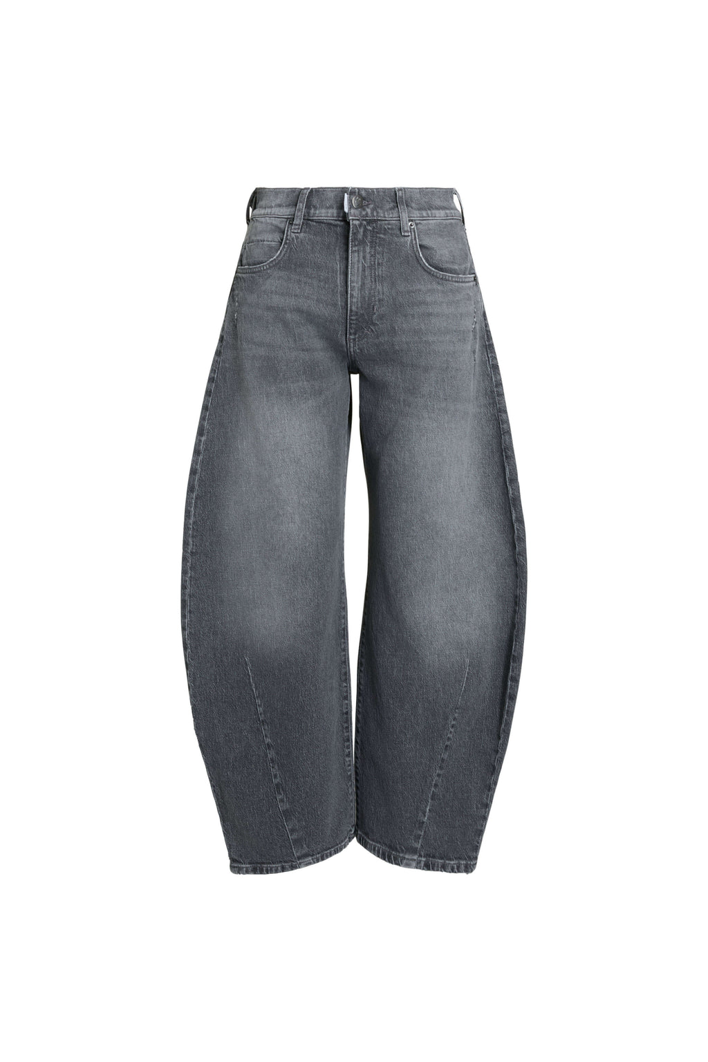 Vorderansicht einer grauen Barrel-Leg-Jeans mit markanten Frontnähten.