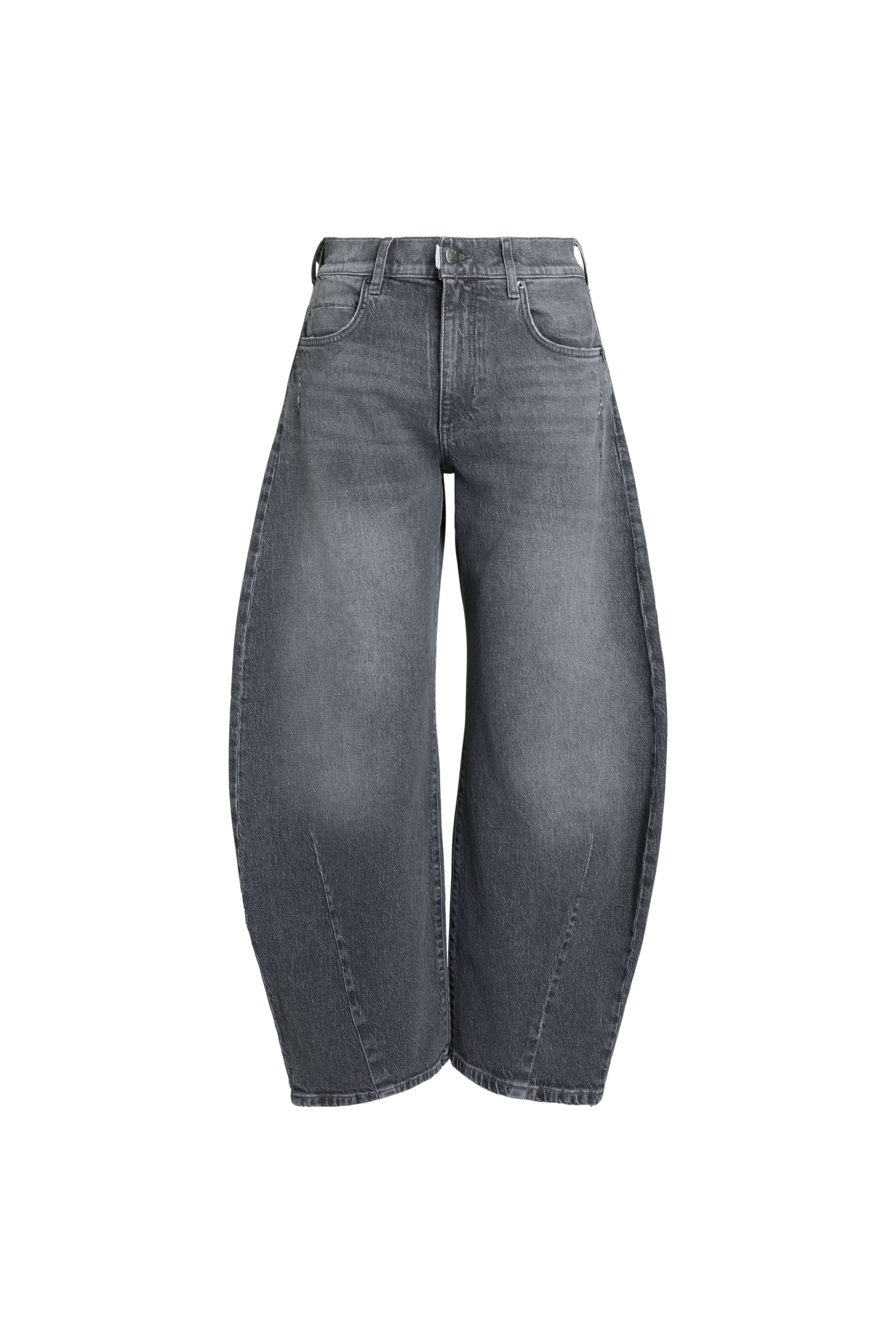 Vorderansicht einer grauen Barrel-Leg-Jeans mit markanten Frontnähten.