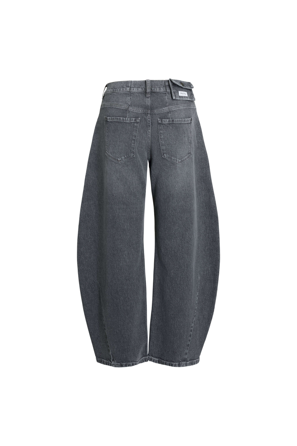 Rückansicht einer grauen Barrel-Leg-Jeans mit bogenförmigem Beinverlauf.