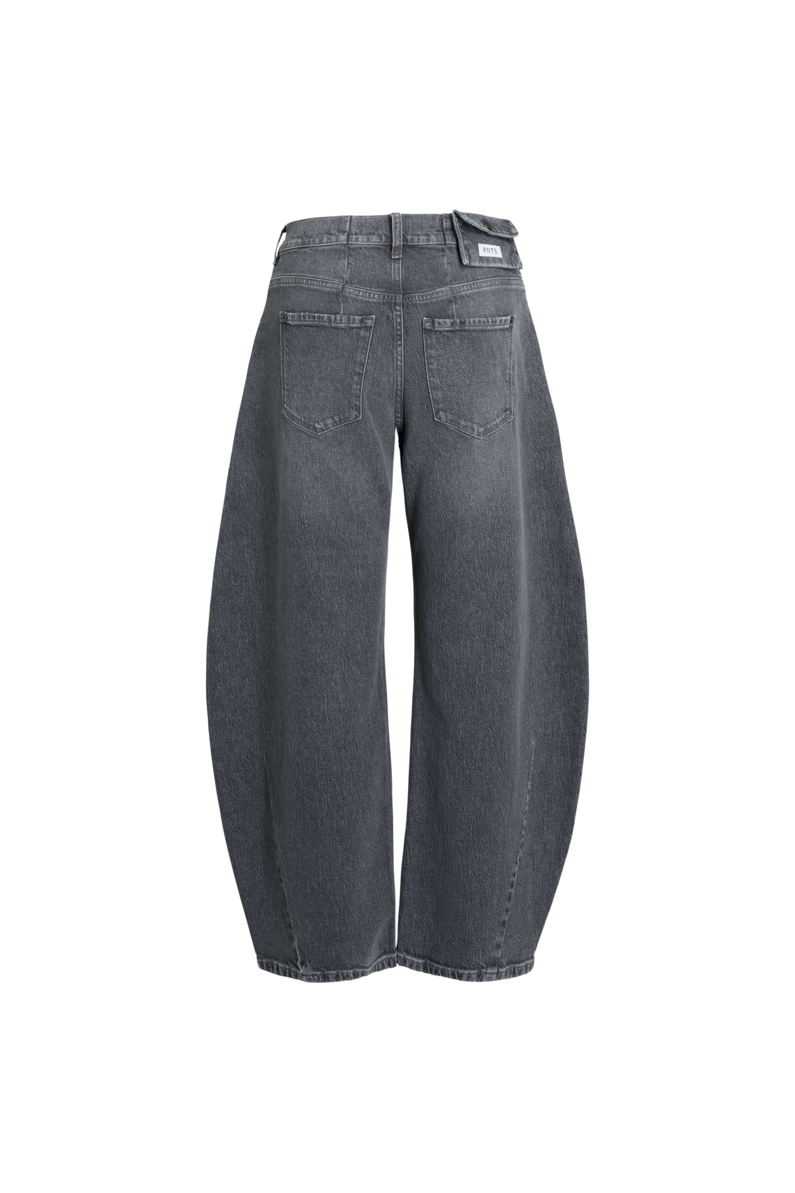 Rückansicht einer grauen Barrel-Leg-Jeans mit bogenförmigem Beinverlauf.