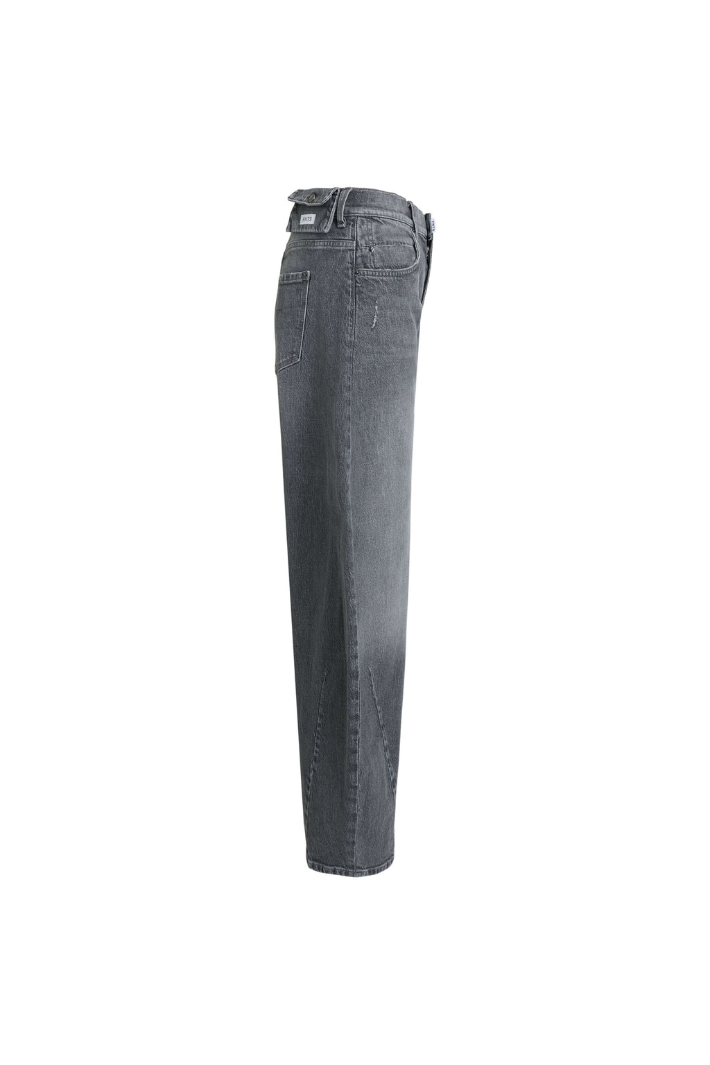 Seitenansicht einer grauen Barrel-Leg-Jeans mit markantem, bogenförmigem Schnitt.