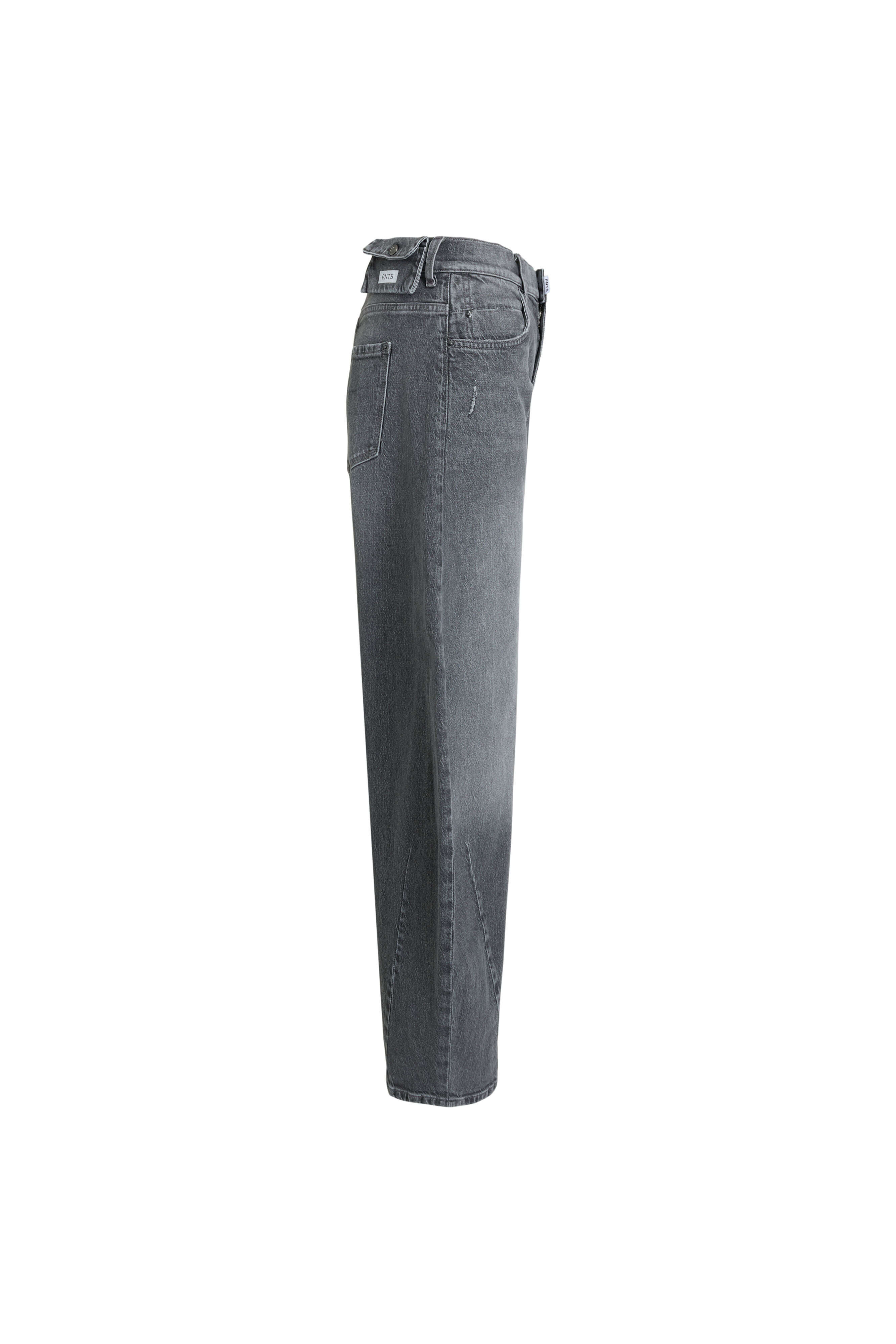 Seitenansicht einer grauen Barrel-Leg-Jeans mit markantem, bogenförmigem Schnitt.