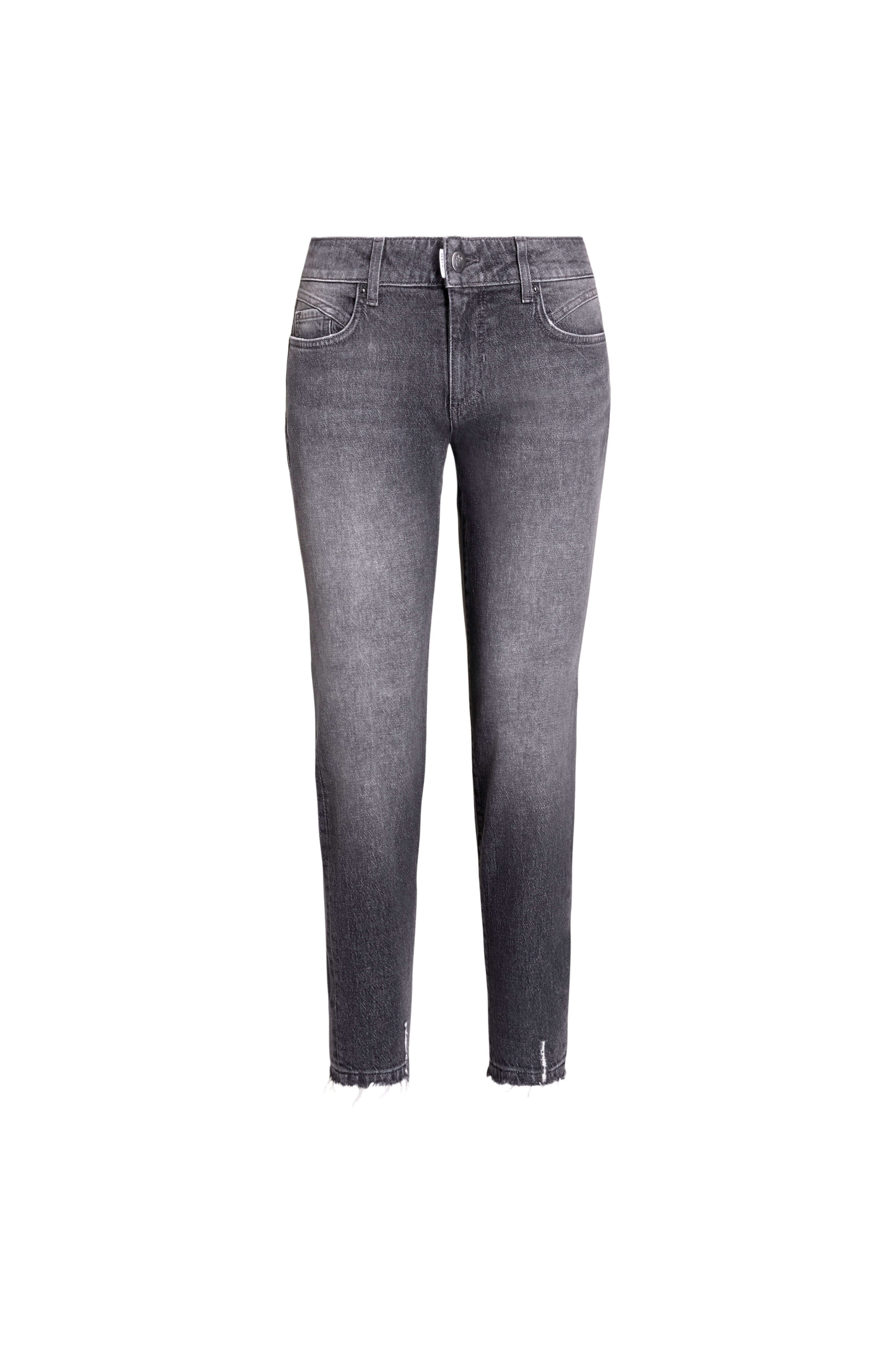 Vorderansicht einer grauen Jeans mit dezenten Wash-Effekten und offenem Saum.
