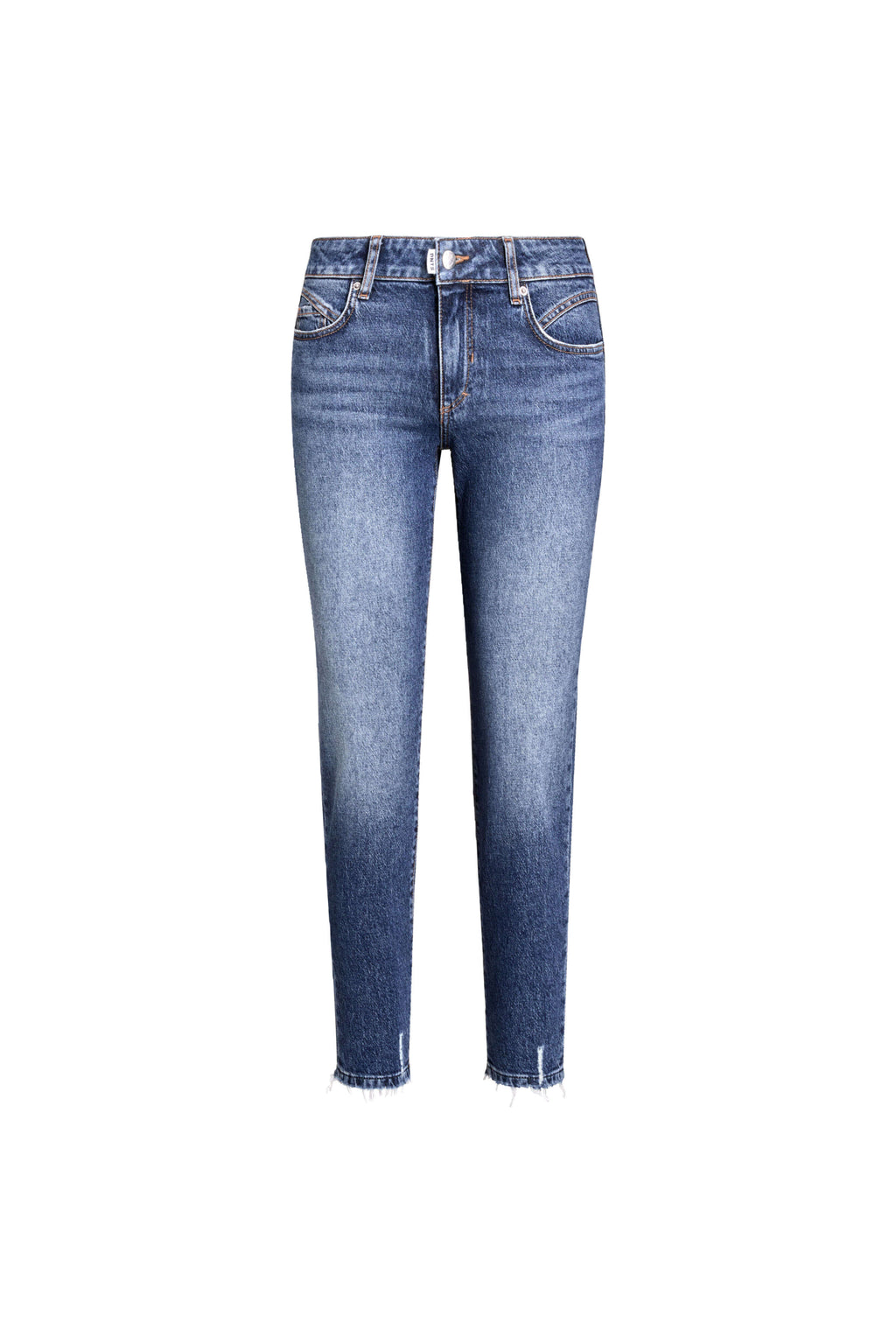 Mittelblaue Jeans mit leichter Waschung und offenem Saum.