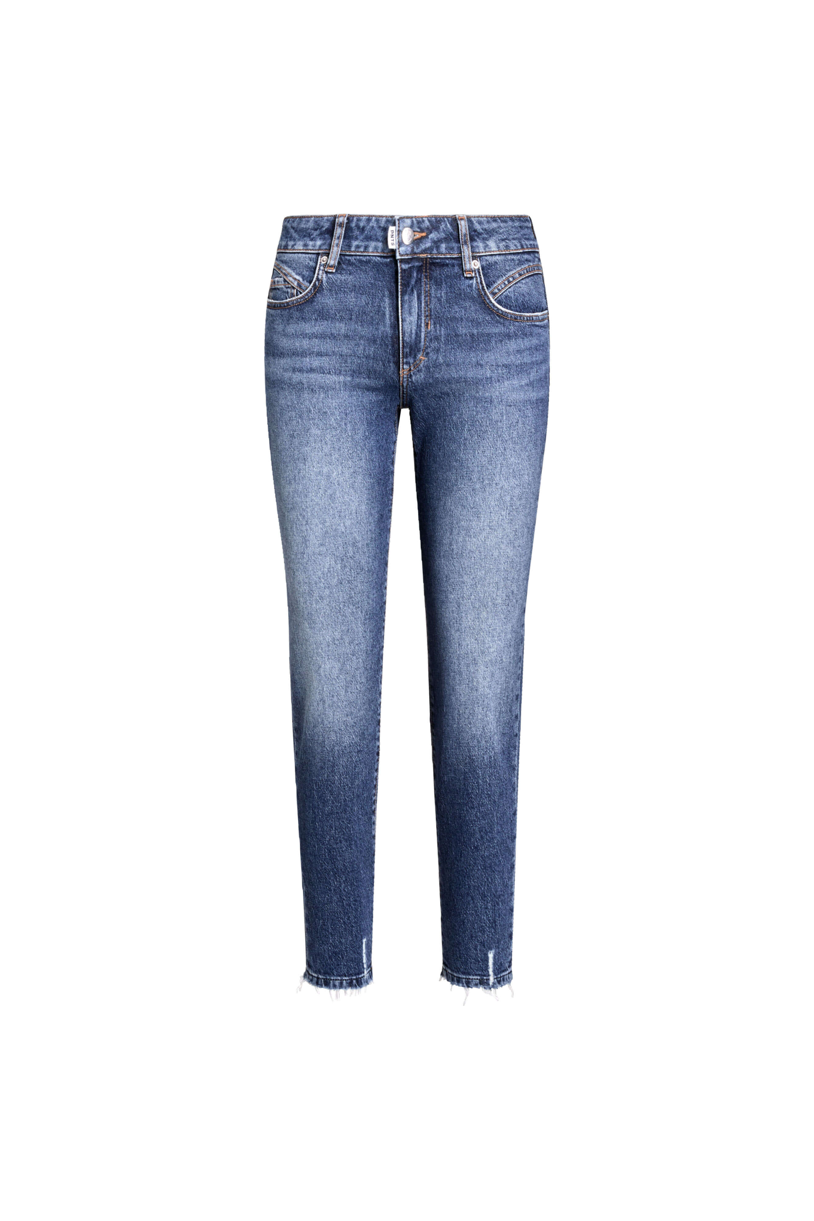 Mittelblaue Jeans mit leichter Waschung und offenem Saum.