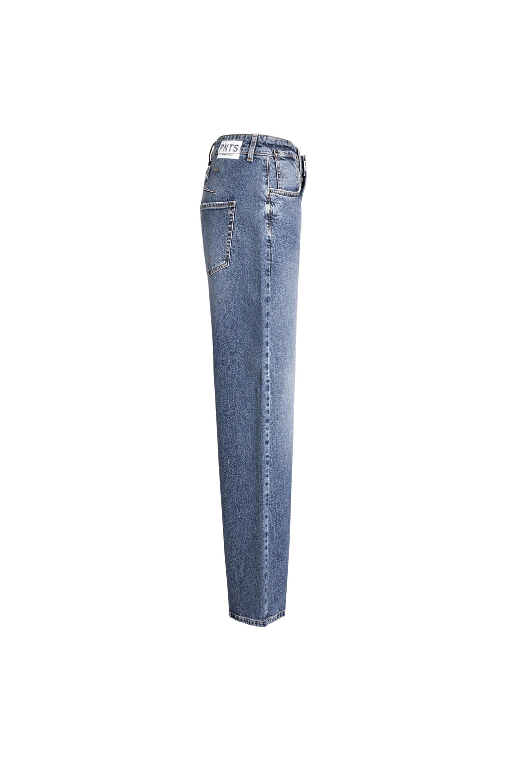Mittelblaue Wide-Leg Jeans, Seitenansicht.