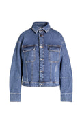 Blaue Denim-Jacke in der Frontansicht mit klassischem Kragen, durchgehender Knopfleiste und zwei aufgesetzten Brusttaschen.