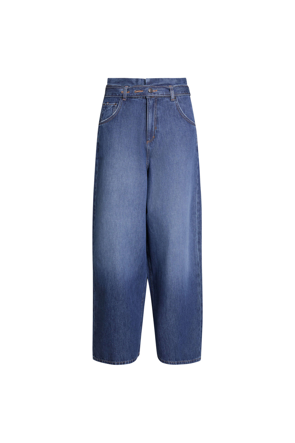 Blaue Denim mit weitem Bein und markantem, doppeltem Bund-Detail.