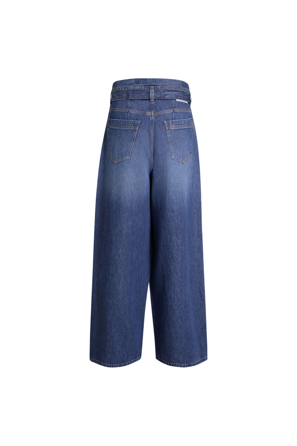 Blaue Denim mit weitem Bein in der Rückansicht mit zwei Gesäßtaschen und markantem, doppeltem Bund.
