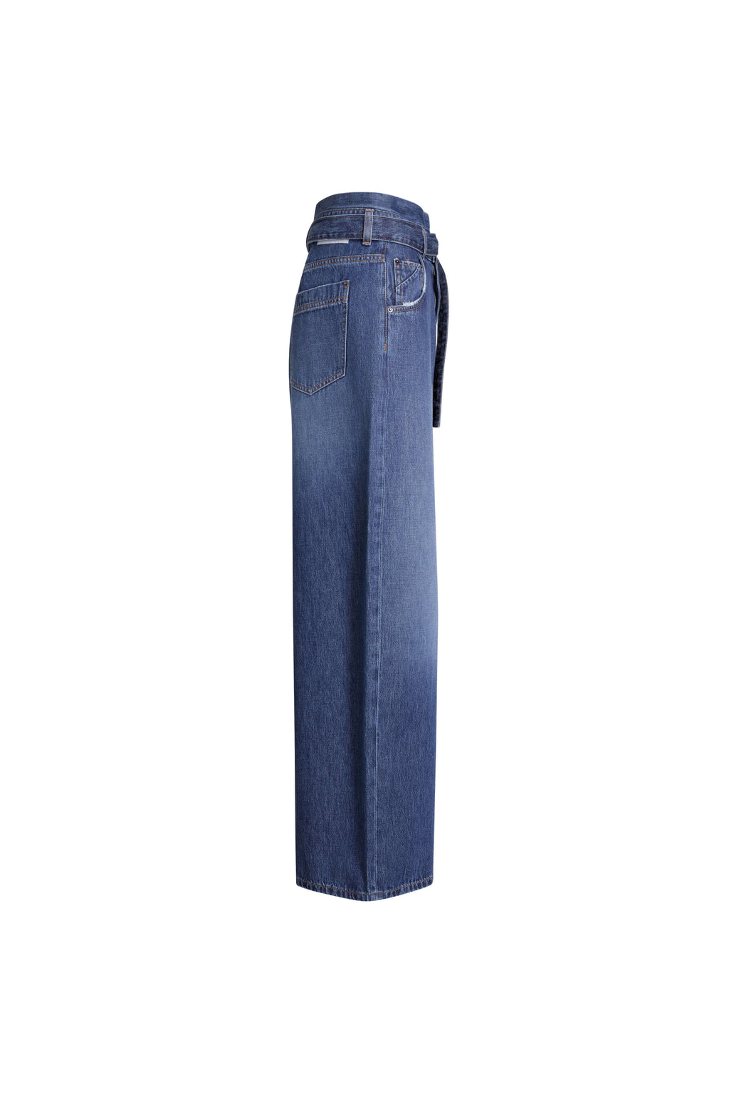 Blaue Denim mit weitem Bein in der Seitenansicht mit markantem, doppeltem Bund-Detail.