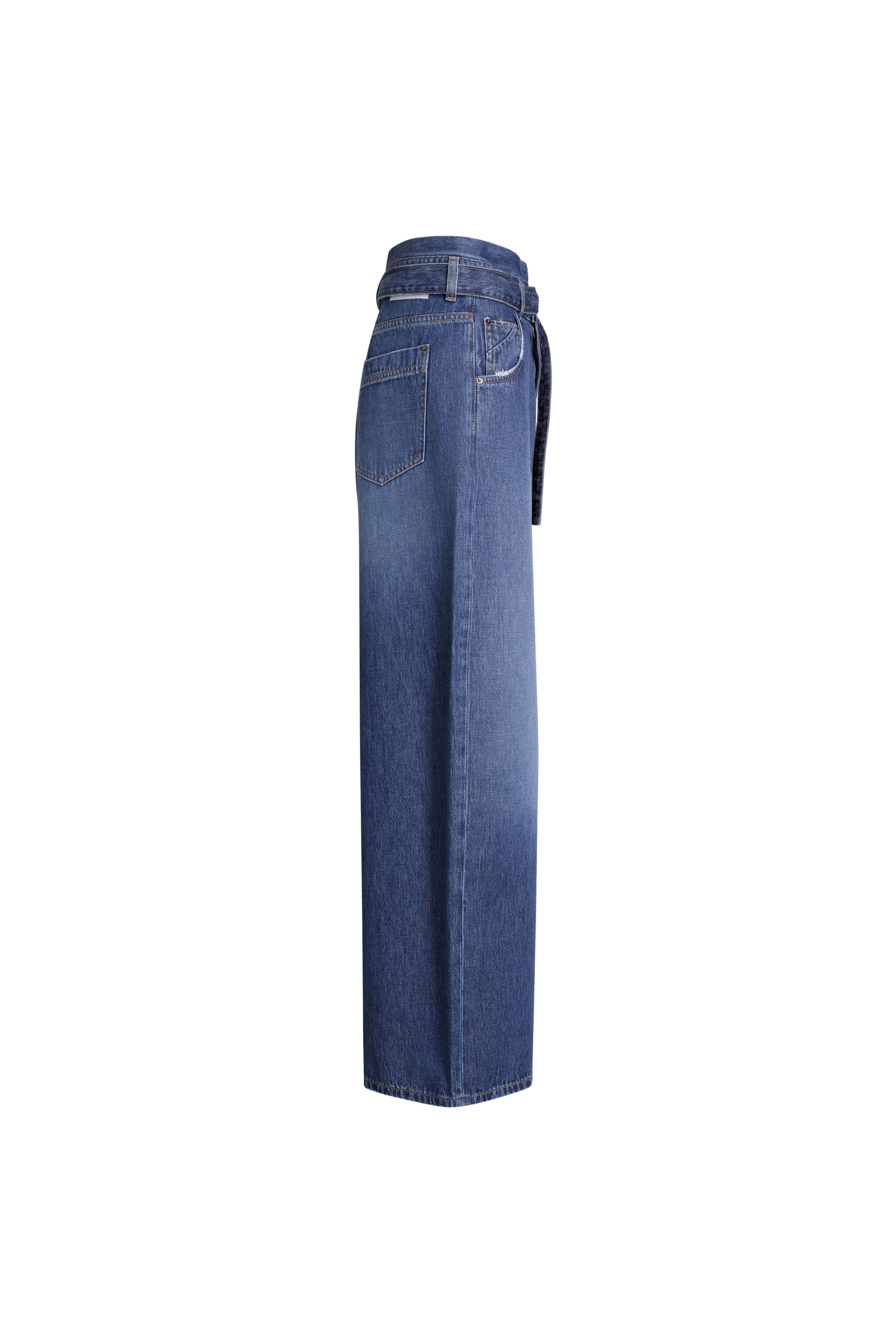 Blaue Denim mit weitem Bein in der Seitenansicht mit markantem, doppeltem Bund-Detail.