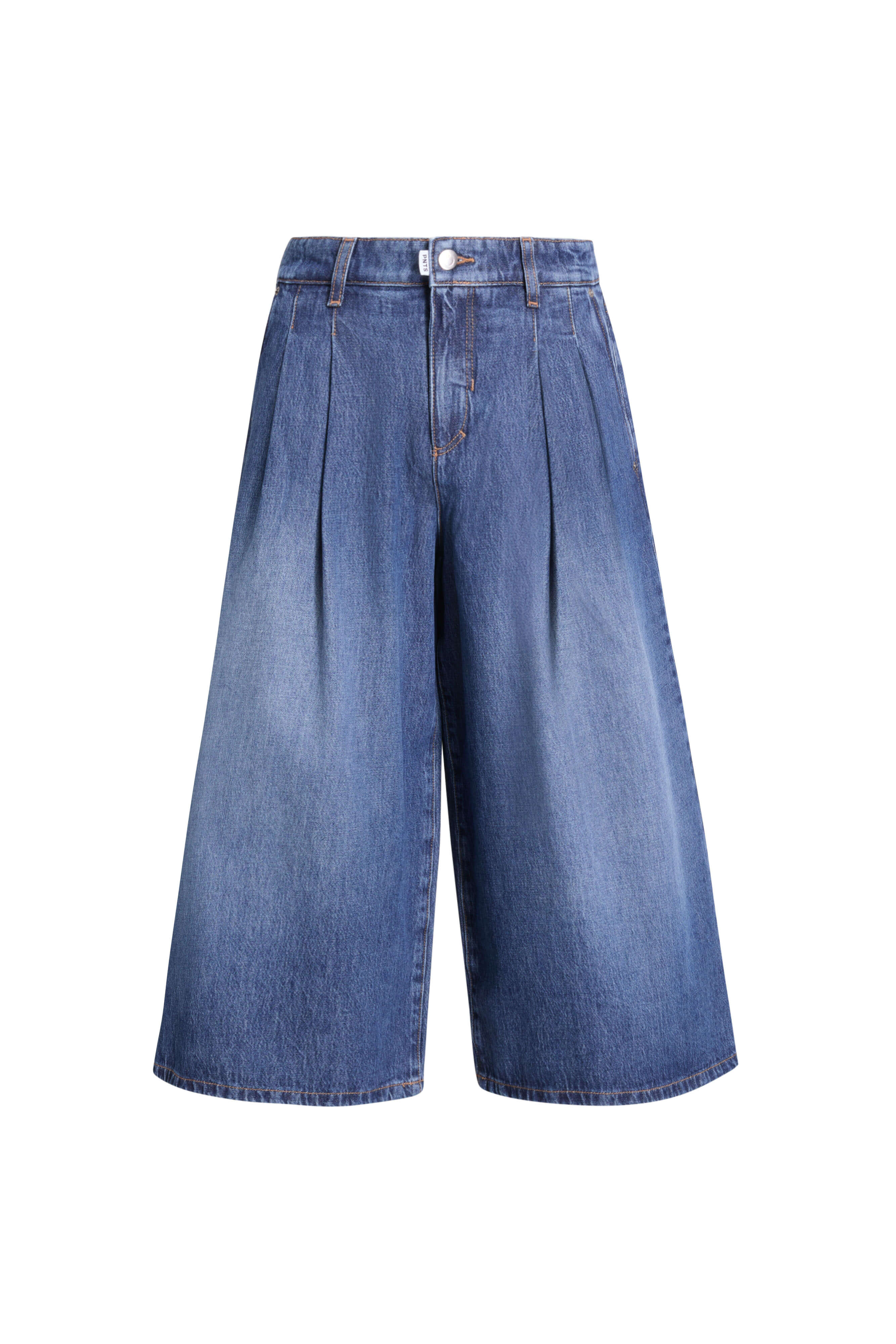 Dunkelblaue Denim-Culotte mit weitem Bein und markanten Bundfalten.